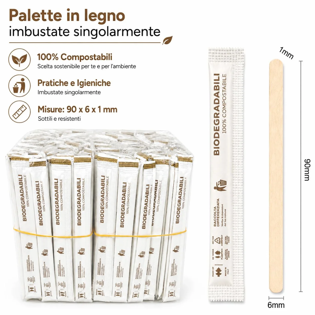 Palette Caffè Monouso in Legno Biodegradabili Compostabili Resistenti al Calore 1000 Pezzi