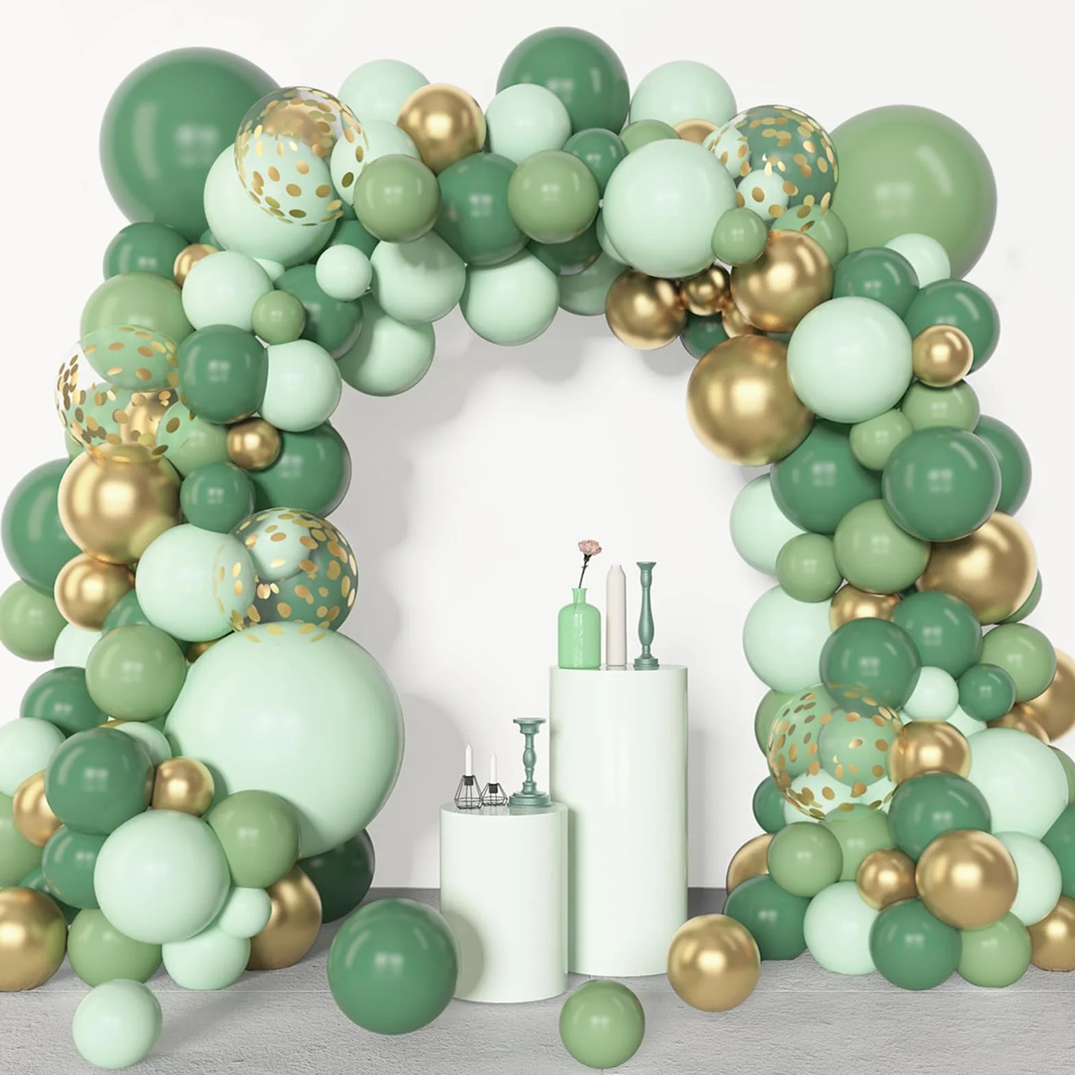Kit Arco Palloncini Verde Salvia, 110 Pezzi Kit Ghirlanda Palloncini Verdi Oro con Palloncini Verde Oro Coriandoli per Matrimonio Compleanno Baby Shower Laurea Decorazioni Festa Safari Giungla