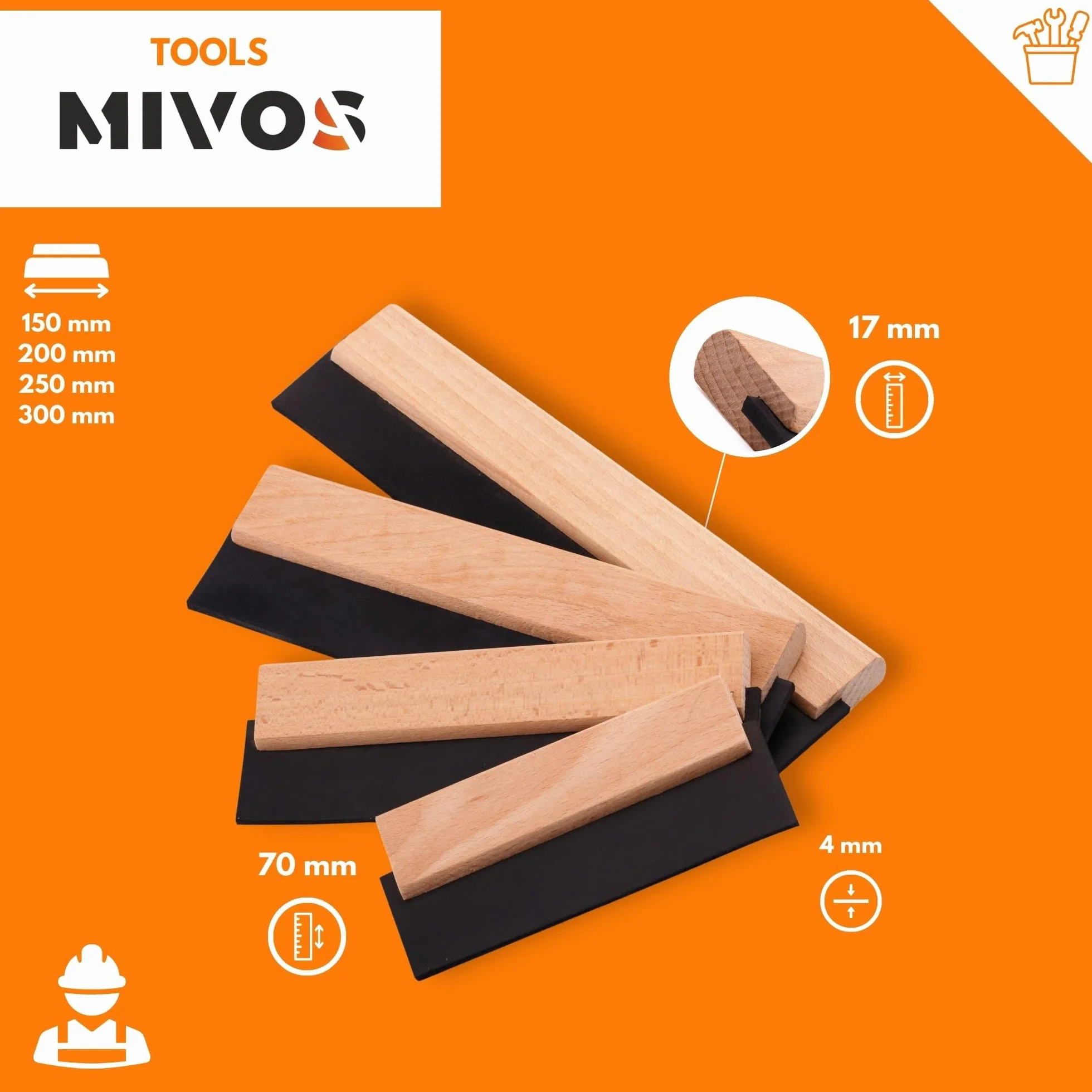 MIVOS Spatola in gomma - Set di spatole per piastrelle - 150 mm - 200 mm - 250 mm - 300 mm - Manico in legno per stuccare - Gomma per stuccare - Stuccatura - Made in EU