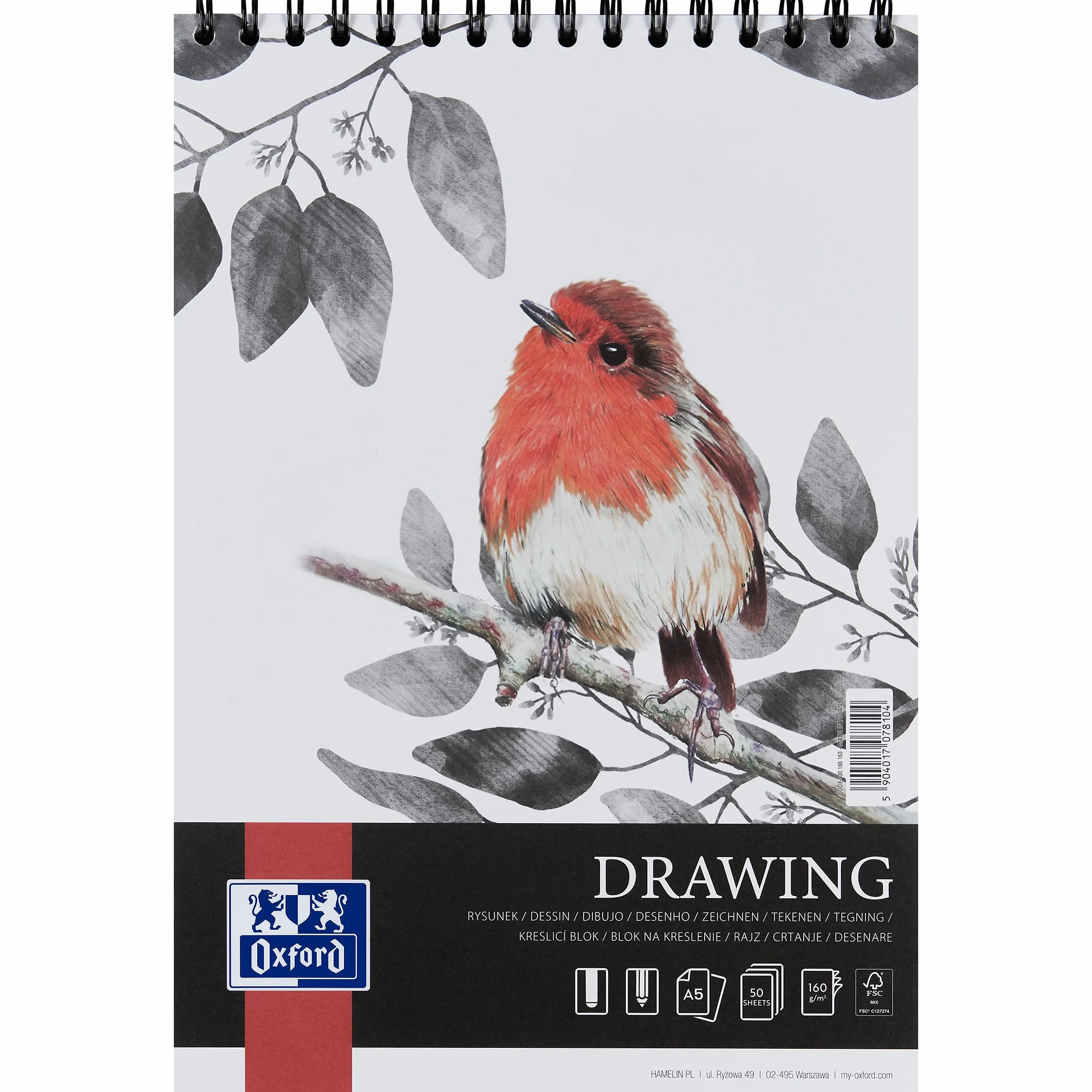 Oxford Artistic Blocco da Disegno A5 50 Fogli 160 g/m² Carta Priva di Acidi Doppia Spirale