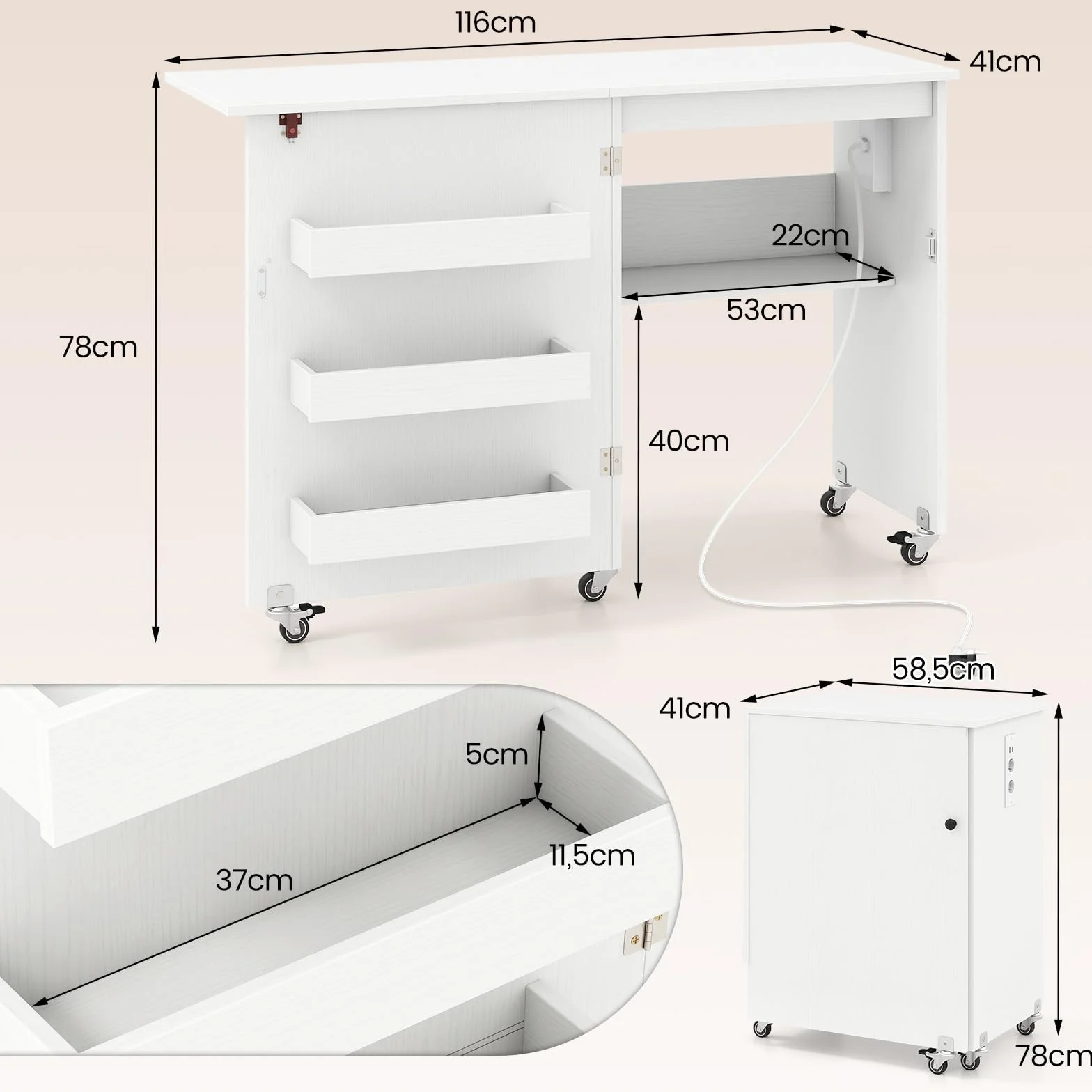 COSTWAY Mobile per Macchina da Cucire Pieghevole, Tavolo da Cucito con Stazione di Ricarica, Ruote Bloccabili, Ripiano e Contenitori (Bianco, 116 x 41 x 78 cm)