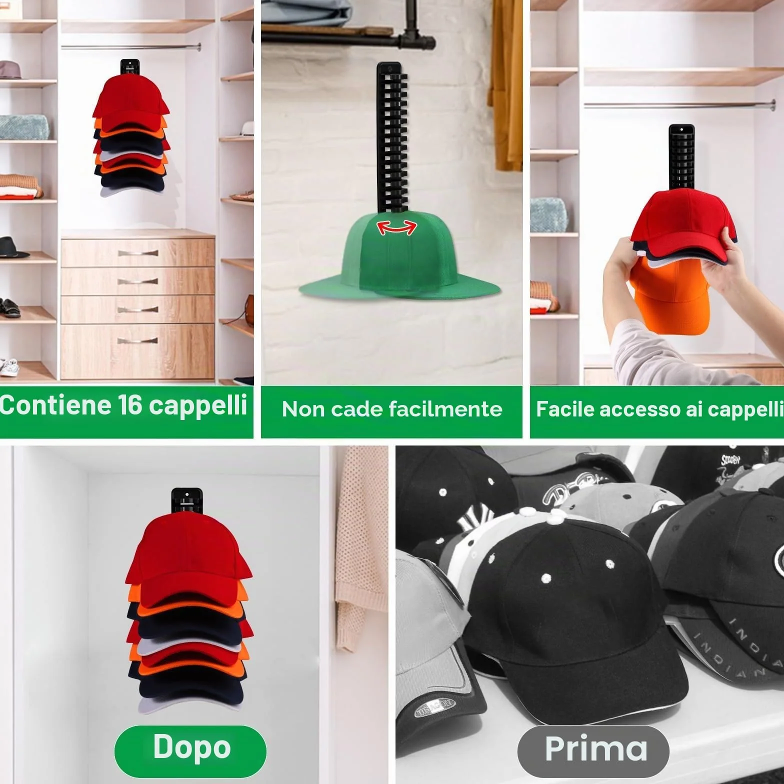 JGGDUU Porta Cappelli da Parete per Cappelli da Baseball, Espositore per Armadio, Contiene fino a 16 Cappelli, Nero
