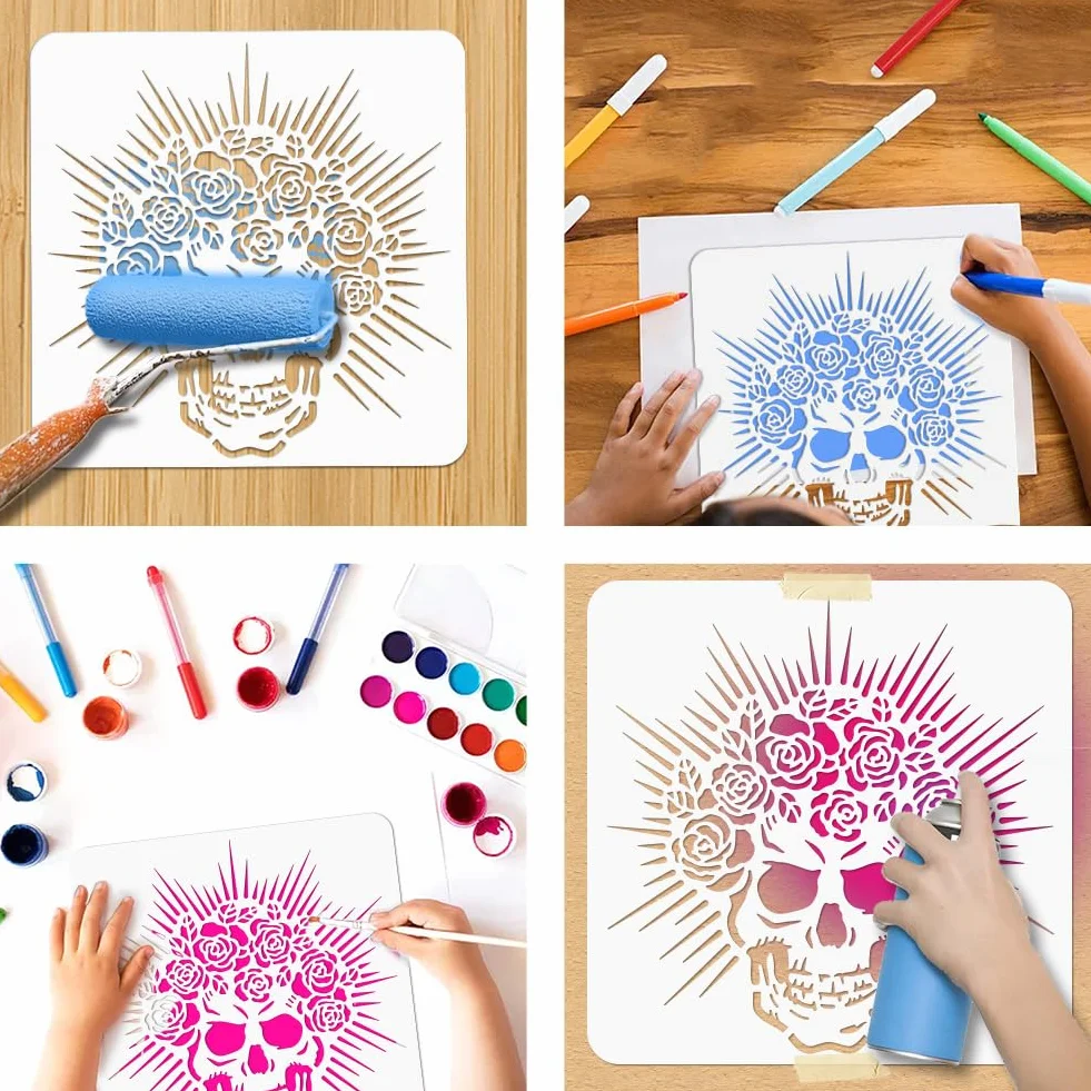 NBEADS Stencil per Pittura con Teschio, Stencil Riutilizzabili per Arte e Artigianato Fai-Da-Te Da 30x30cm, Modello di Pittura Scavata per Dipingere su Pareti di Legno, Tessuto, Carta, Mobili In Tela