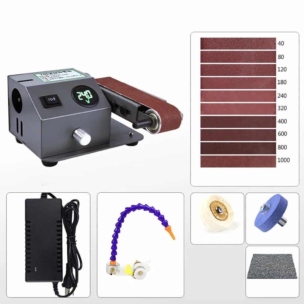 Mini Affilacoltelli Elettrico, Levigatrice a Nastro a Doppio Scopo a Secco e Bagnato, Smerigliatrice, Levigatrice, Lucidatrice, Velocità 0-13000Giri/min