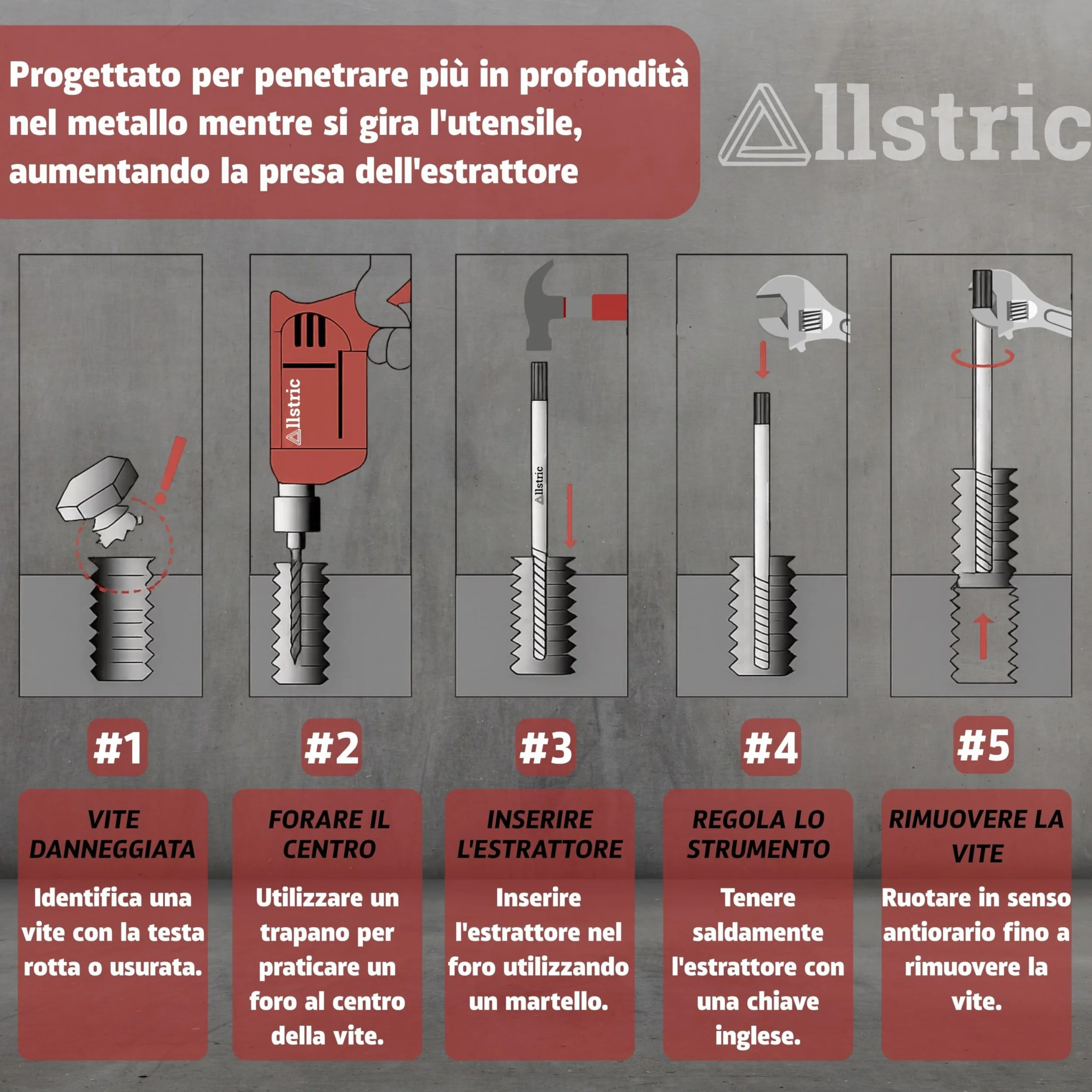 Set di 8 estrattori per viti rotte e danneggiate, estrattore di viti rotte e arrugginite, estrattore di filettature idrauliche e tubi rotti, kit professionale in acciaio temperato con