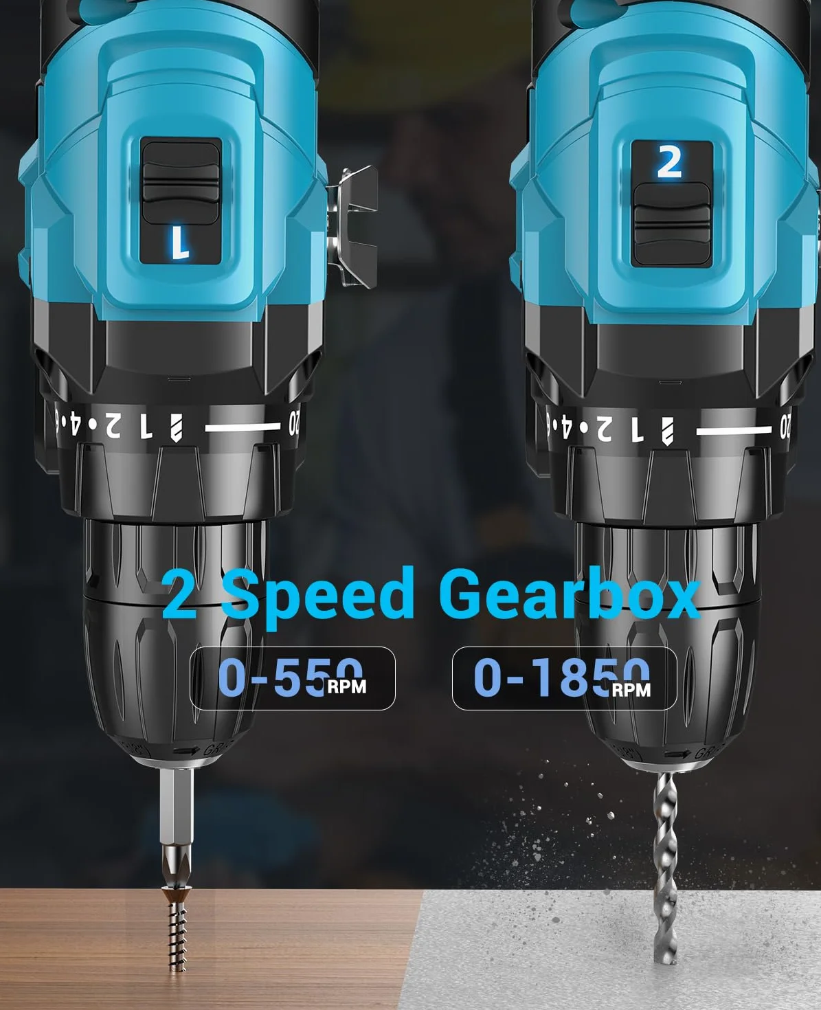 Brushless Trapano Avvitatore Batteria, LEEIKOO Avvitatore a Batteria 21V con Battery 2.0Ah, 45N.m Trapano Elettrico, 20 Coppie, 10mm Mandrino, 21 Accessori Per Casa Progetto, Fai da te, Blu
