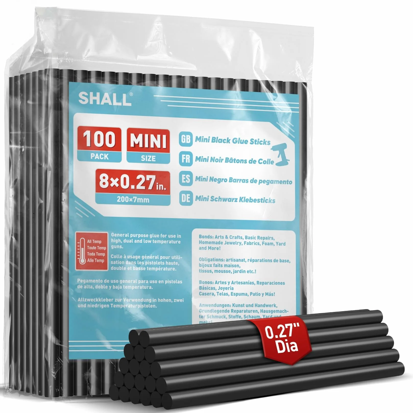 SHALL - 100 stick di colla nera 0,27" x 8" (7 mm x 200 mm) stick di colla a caldo per pistola per colla multiuso fai-da-te per tutte le temperature