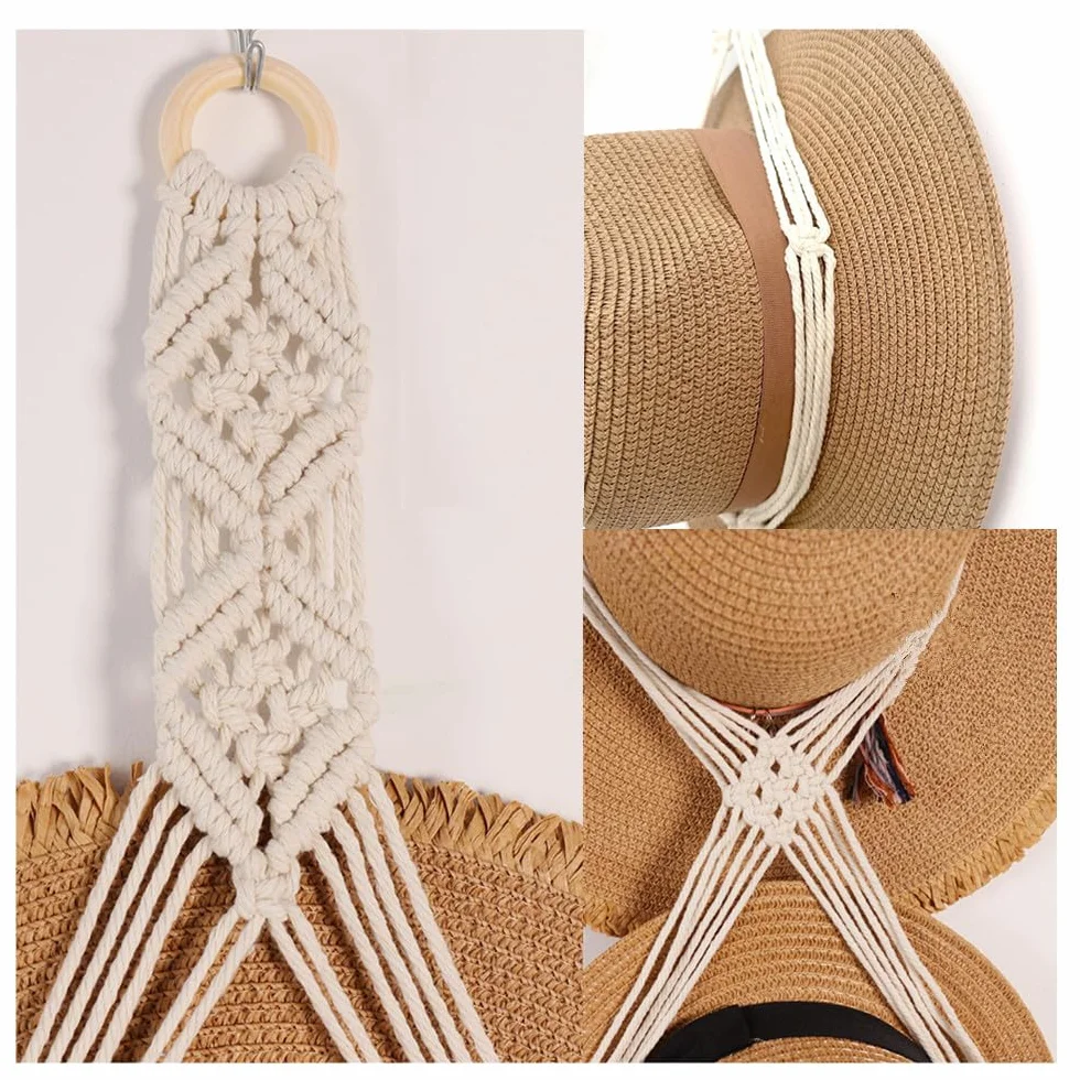 2 ganci per cappelli in macramè, per Wanfoou e cappelli, stile bohémien, da appendere alla parete, organizer per cappelli a tesa larga