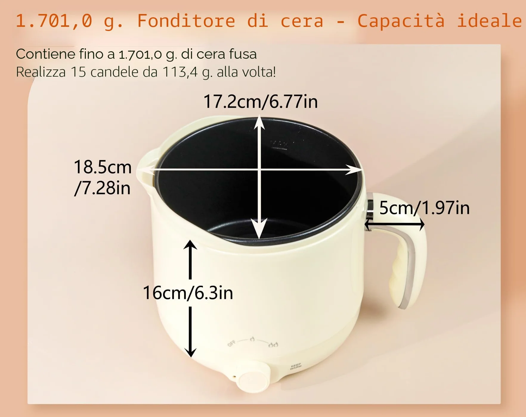 JULWHISPER Fusore di cera per realizzare candele, 1,8 l, con beccuccio per versare, kit per la creazione di candele per adulti incluso - stoppini, adesivi per stoppini-Spina UE