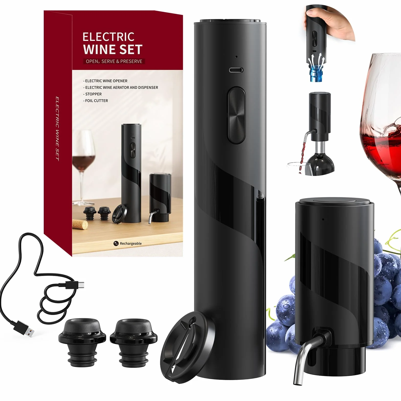 CIRCLE JOY Cavatappi Elettrico Set regalo, Apribottiglie Ricaricabile con Tagliapasta stagnola, Aeratore e versatore di vino Elettrico 2 in 1 e 2 Tappi a vuoto, Cavo USB