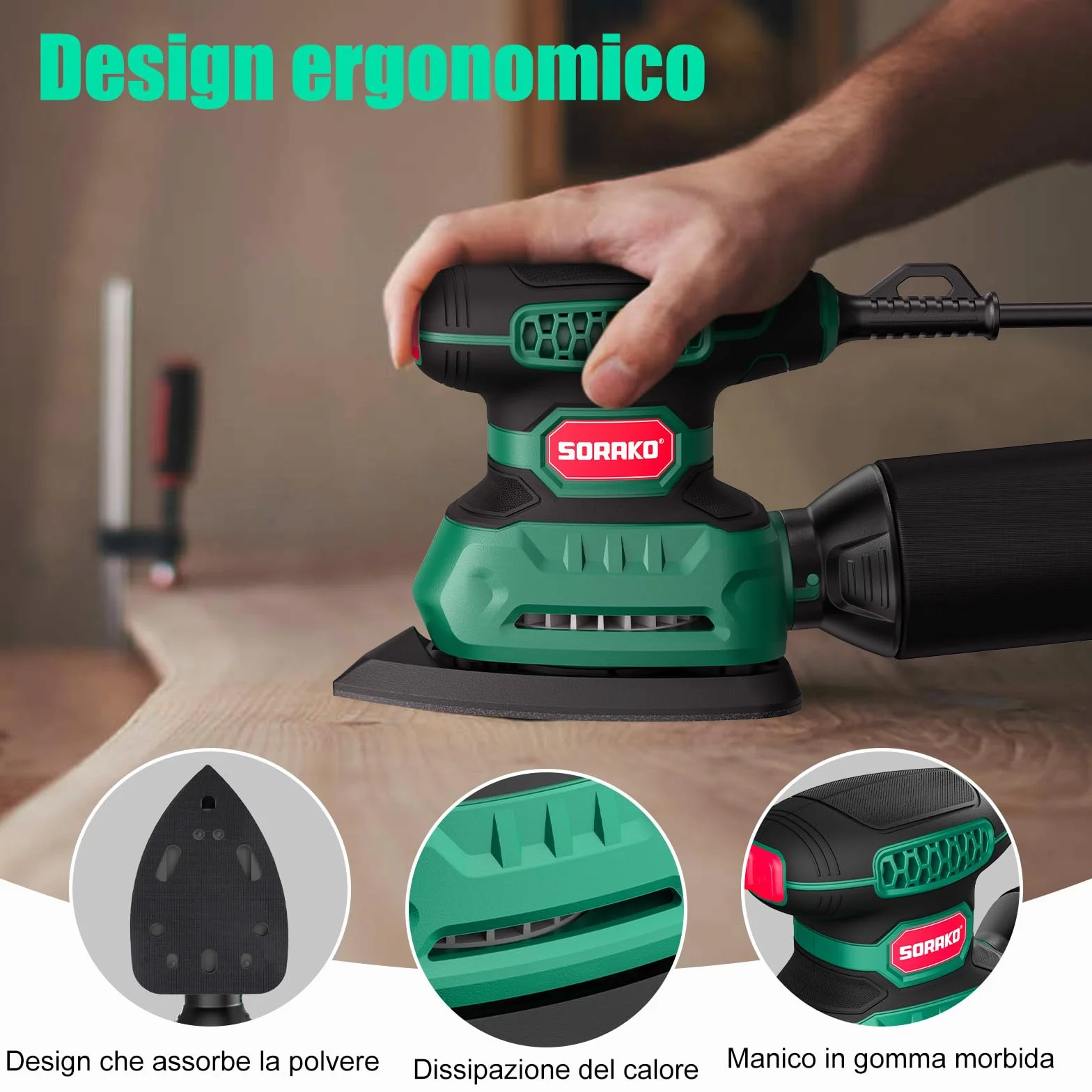 SORAKO Levigatrice Mouse 220W 14000 OPM con Sacchetto Raccoglipolvere e Carta Abrasiva