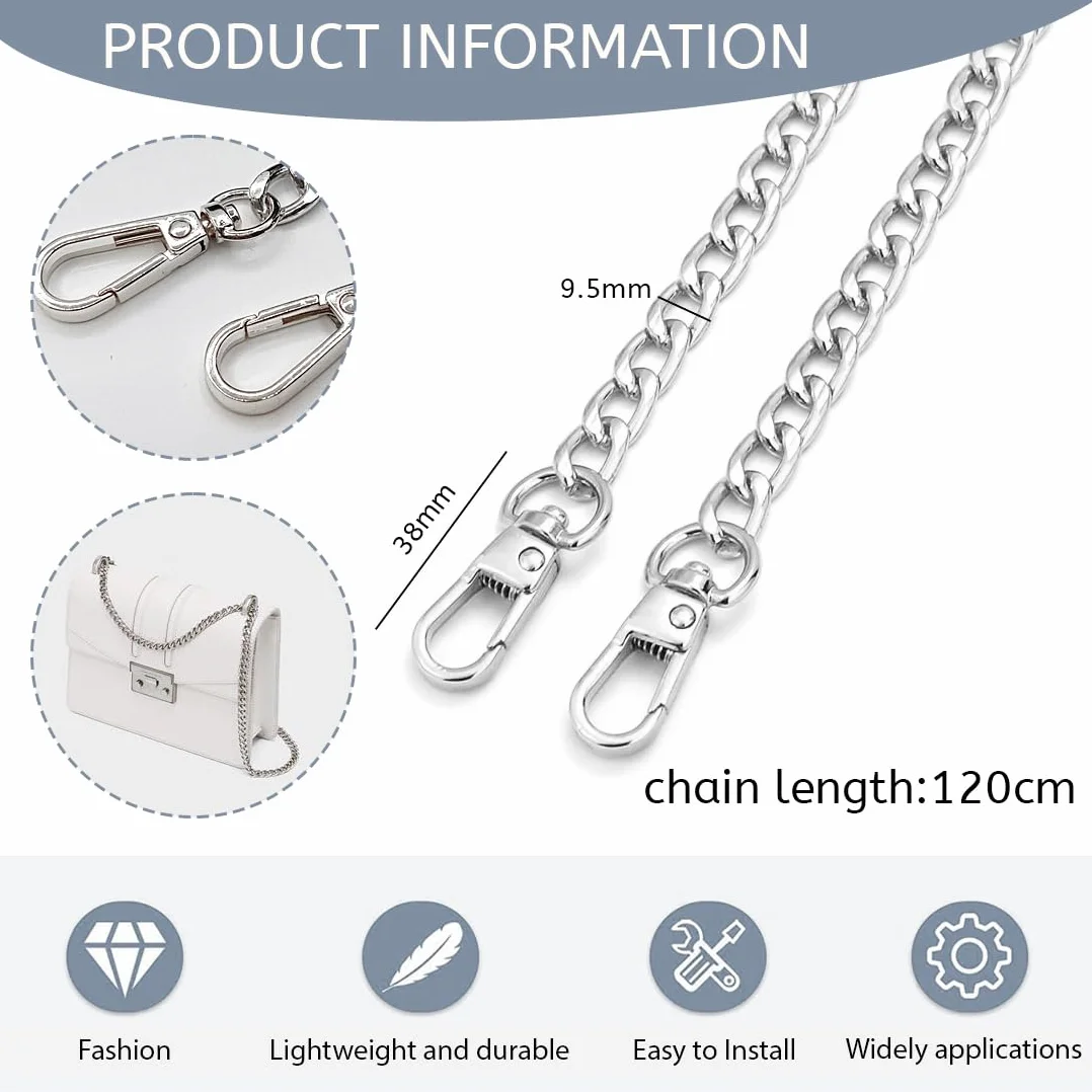 Catena per borsa in argento, catena per borsa in metallo dorato, 120 cm, adatta per fai da te, borse, catene per pochette, catene di ricambio per borse a tracolla.