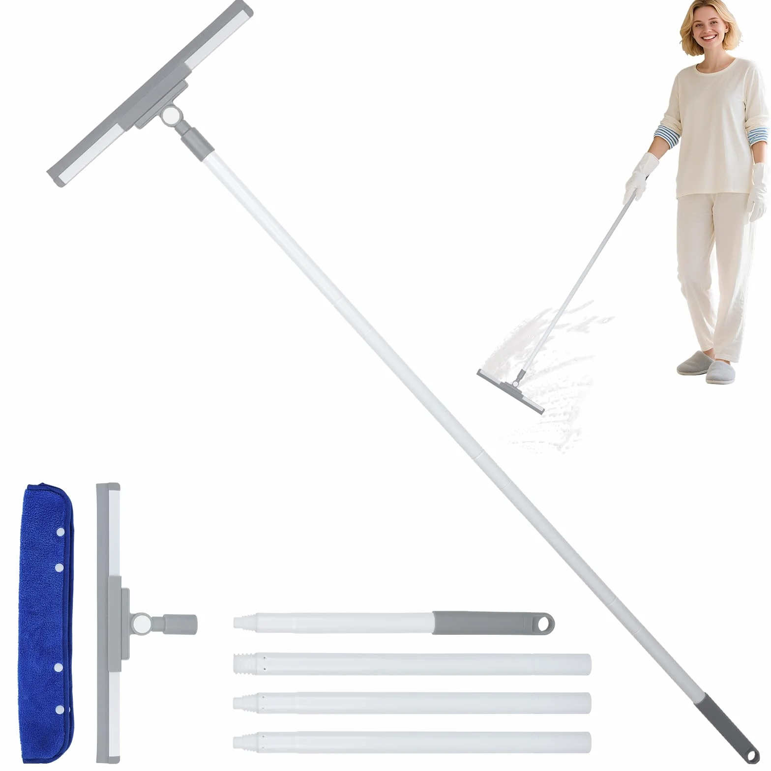 Romon Lavavetri con Manico Telescopico(136cm), Pulisci Vetri con Tergivetro in Silicone e Lavavetri in Microfibra, Tergivetri Doccia Strumenti per la Pulizia dei Vetri per Bagno Auto Vetro Finestre