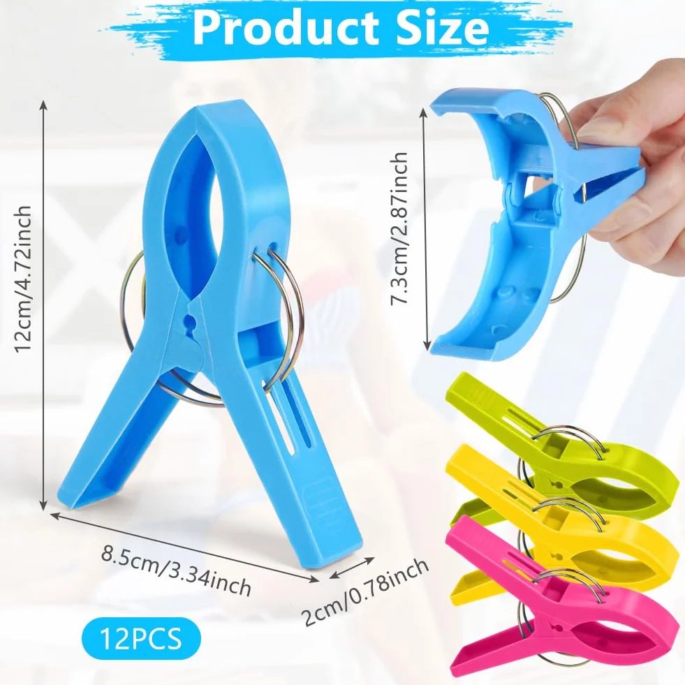 Vicloon Mollette Grandi Plastica, 12 Pezzi Bucato Clip per Telo da Spiaggia, Antivento Lavanderia Pioli per Trapunta, Asciugamani, Coperta, Lenzuola, Vestiti, 12cm