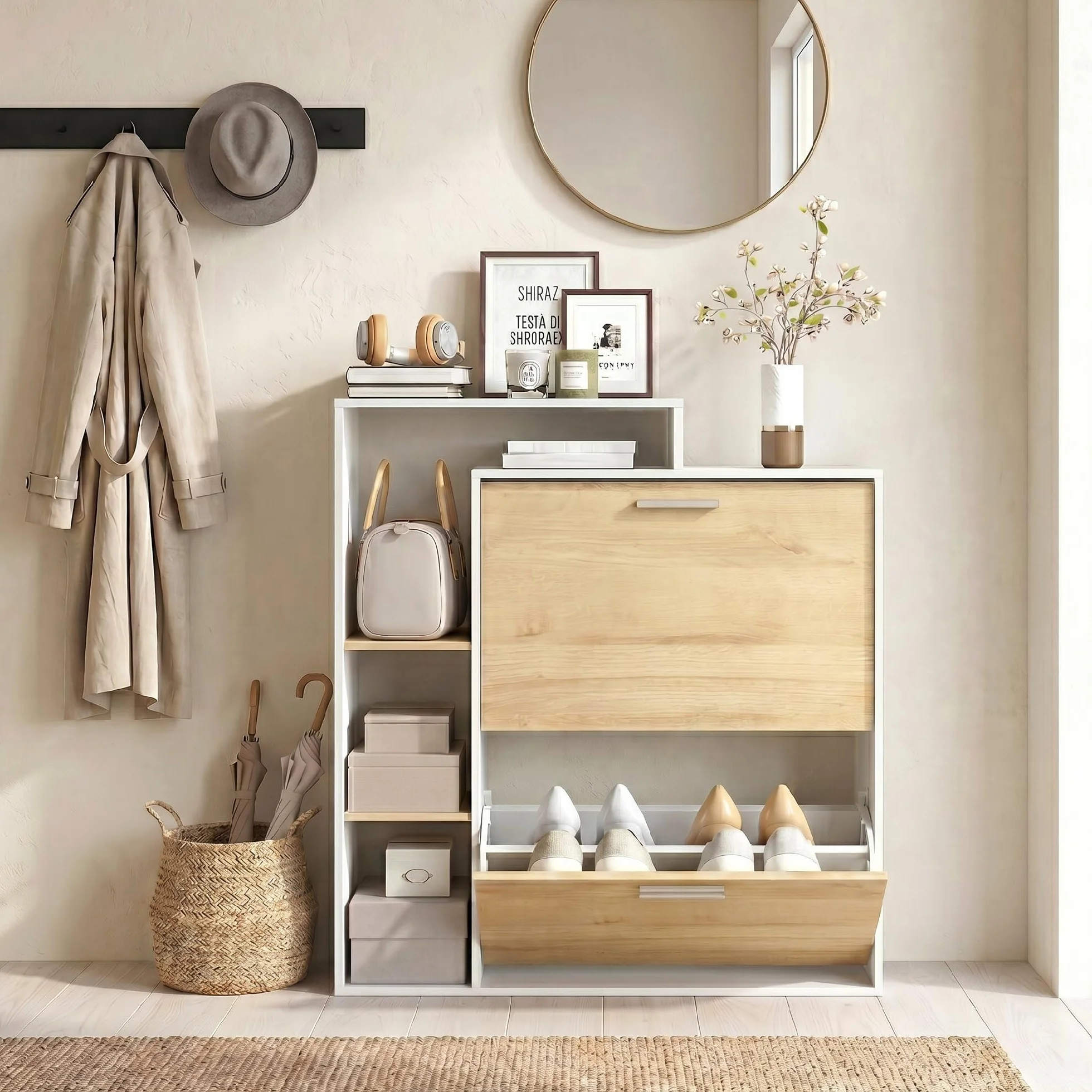HOMCOM Scarpiera Salvaspazio Slim con 2 Ante a Ribalta, Scarpiera Ingresso con Ripiani Regolabili, 3 Ripiani Aperti, Porta Scarpe per 8 Paia in Legno con Maniglia, 80x26x90 cm, Bianco e Legno Naturale