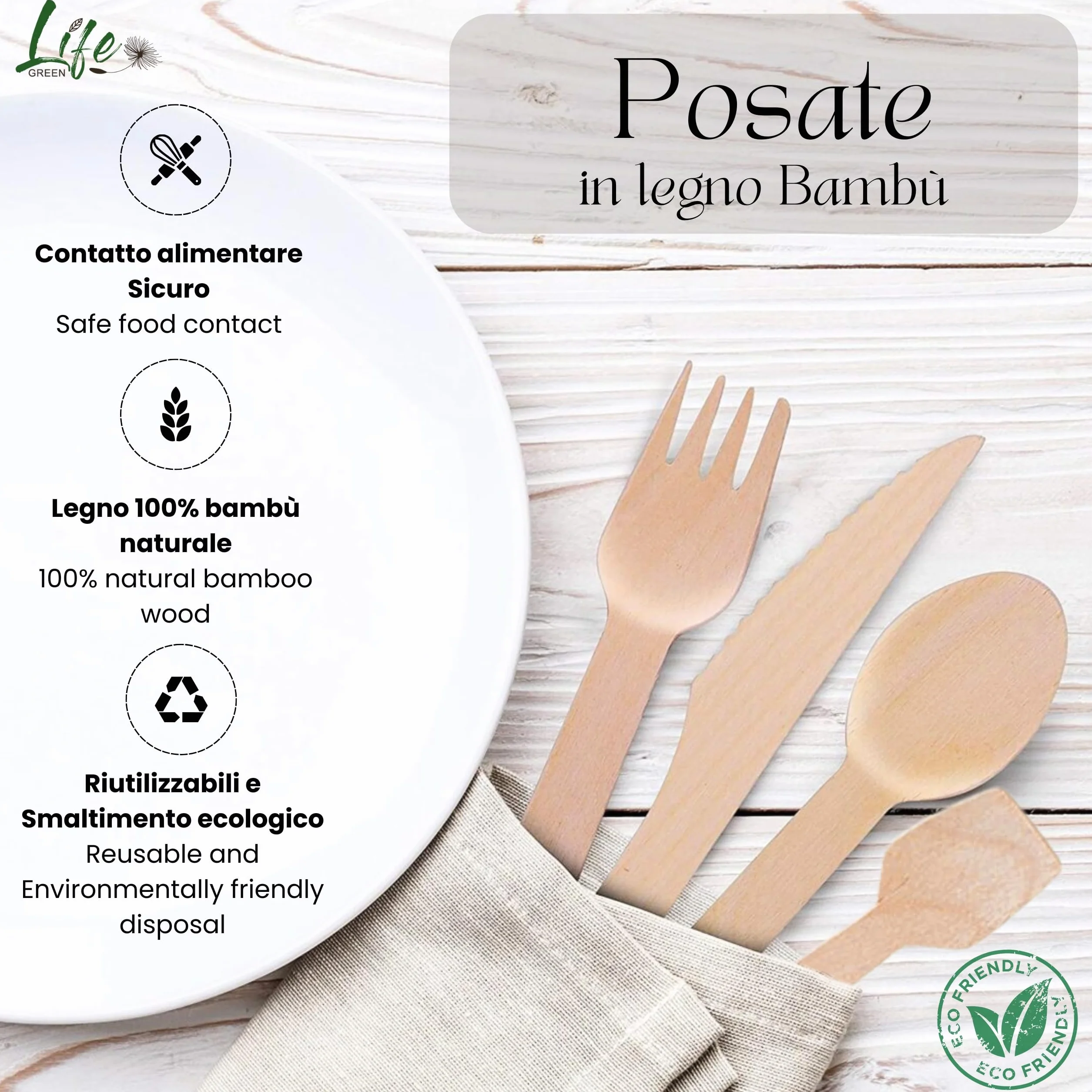 Coltelli Legno Bambù Monouso Ecologici Set 144 Pezzi Posate Biodegradabili