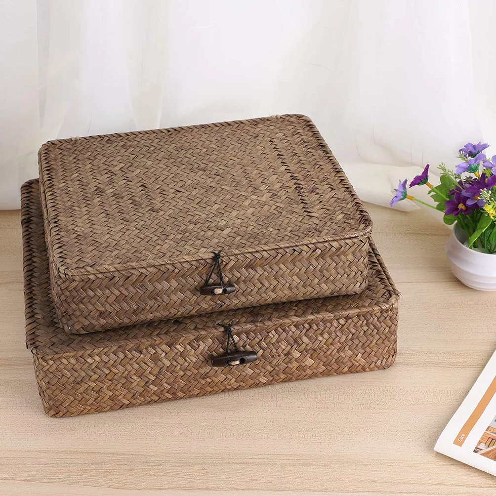 SUMNACON 2 cestini in rattan naturale con coperchio, fatti a mano, per cucina, bagno, camera da letto, grandi e piccoli (rettangolari, marroni)
