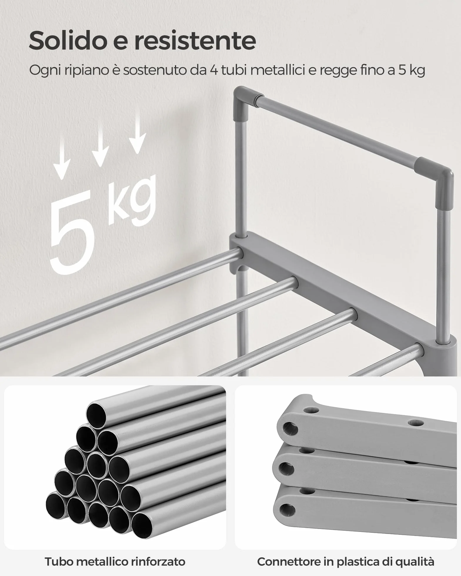 SONGMICS Scarpiera 10 Ripiani Grande Scaffale Portascarpe Metallo 45x30x174 cm Grigio