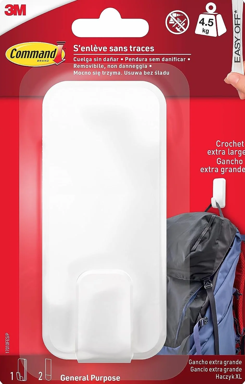 Command Gancio Multiuso XL per Pesi Massimi, 1 Gancio Bianco e 2 Strisce Adesive per Interni e Altri Oggetti - Senza Forare, Danneggiare il Muro o Lasciare Residui Appiccosi, Tenuta: 4,5kg