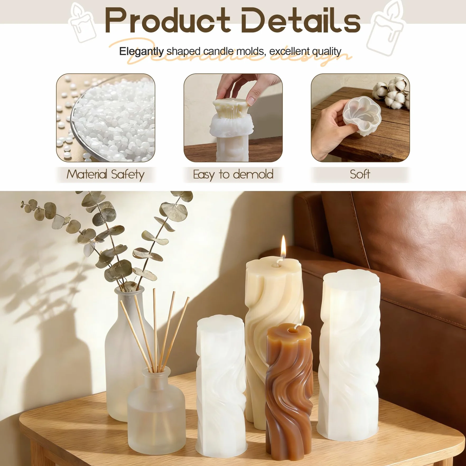 TZEKING Set di 214 stampi per candele, 2stampi per candele in silicone + 200 stoppini di cera+2 supporti+10 adesivi, stampi per candele in silicone 3D fai da te