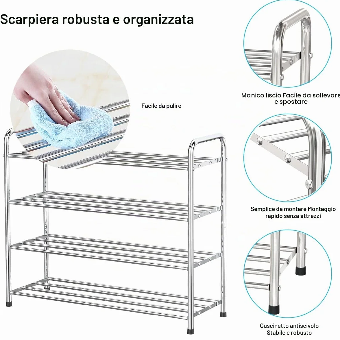 FANHAO Scarpiera Potenziata in Acciaio Inossidabile a 4 Livelli, Organizer Scarpe Ripiano per Scarpe, per un Massimo di 12-16 Paia di Scarpe, per Soggiorno, Guardaroba e Corridoio, 68 x 26 x 65 cm