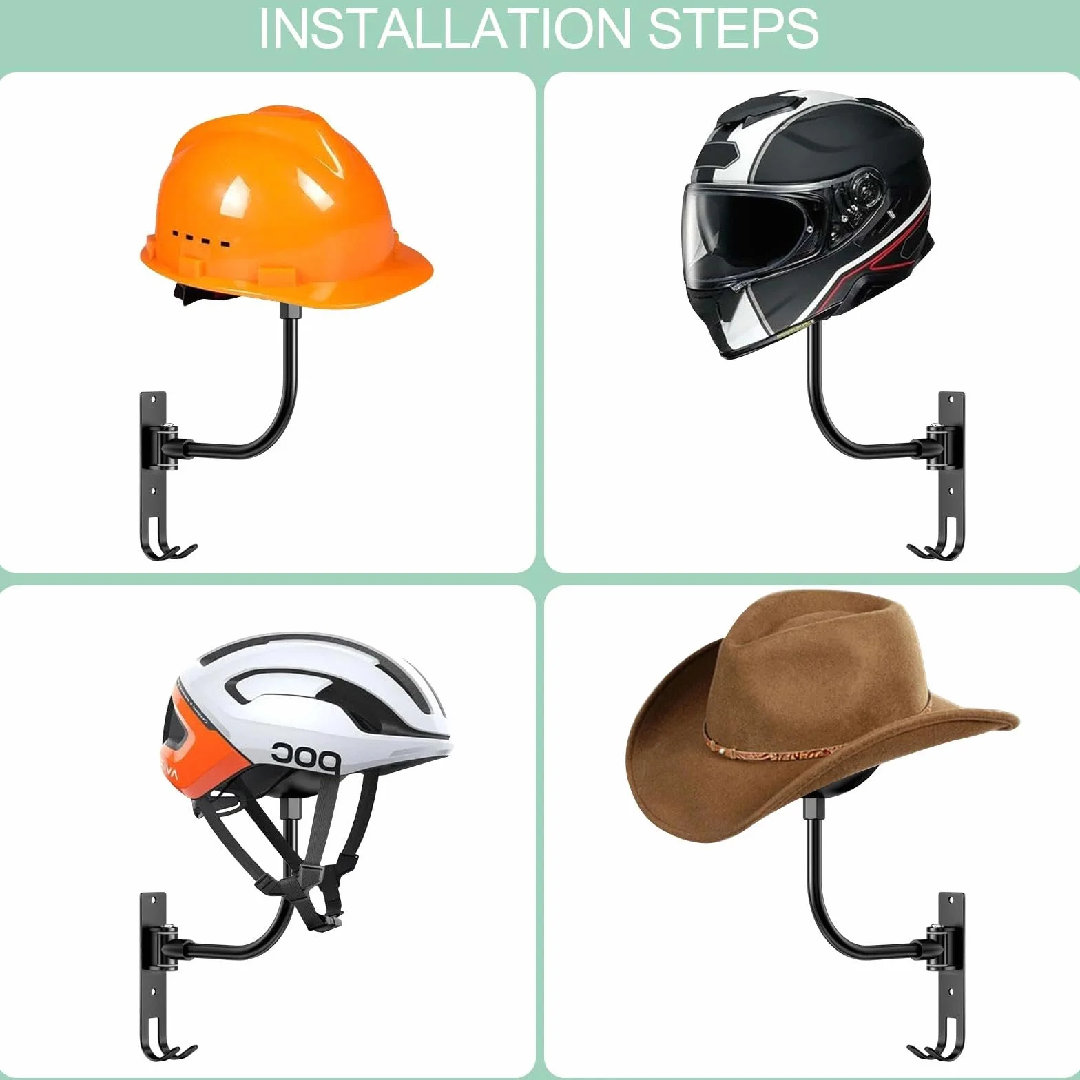 Porta Casco Moto da Parete, Appendi Casco Multifunzione, Portacasco da Parete, Supporto Caschi Moto Spherical 180°, con Ganci per Appendere Guanti per Abbigliamento Moto, Cappelli