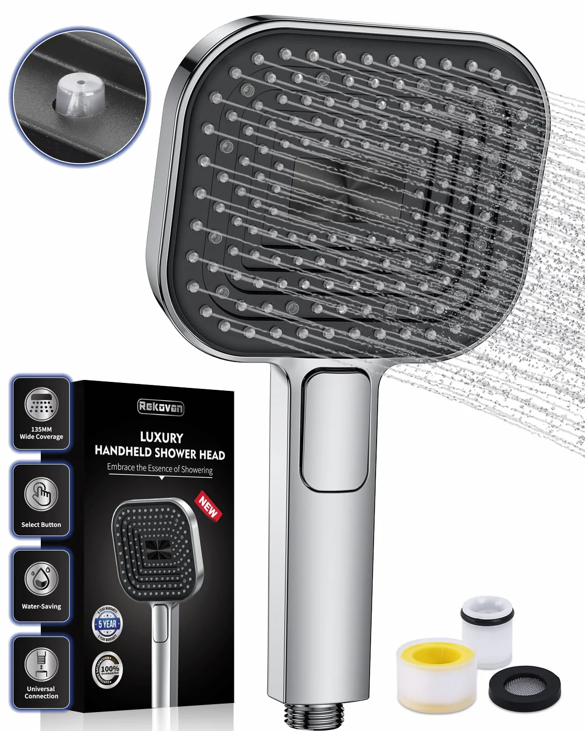 Soffione Doccia Anticalcare, Doccino per Doccia Alta Pressione, Doccetta Grande 135 mm 【Silicone Qualità Alimentare】, 【Risparmio idrico 43%】, Telefono Doccia 3 Modalità di Getto, Cromato (senza tubo)