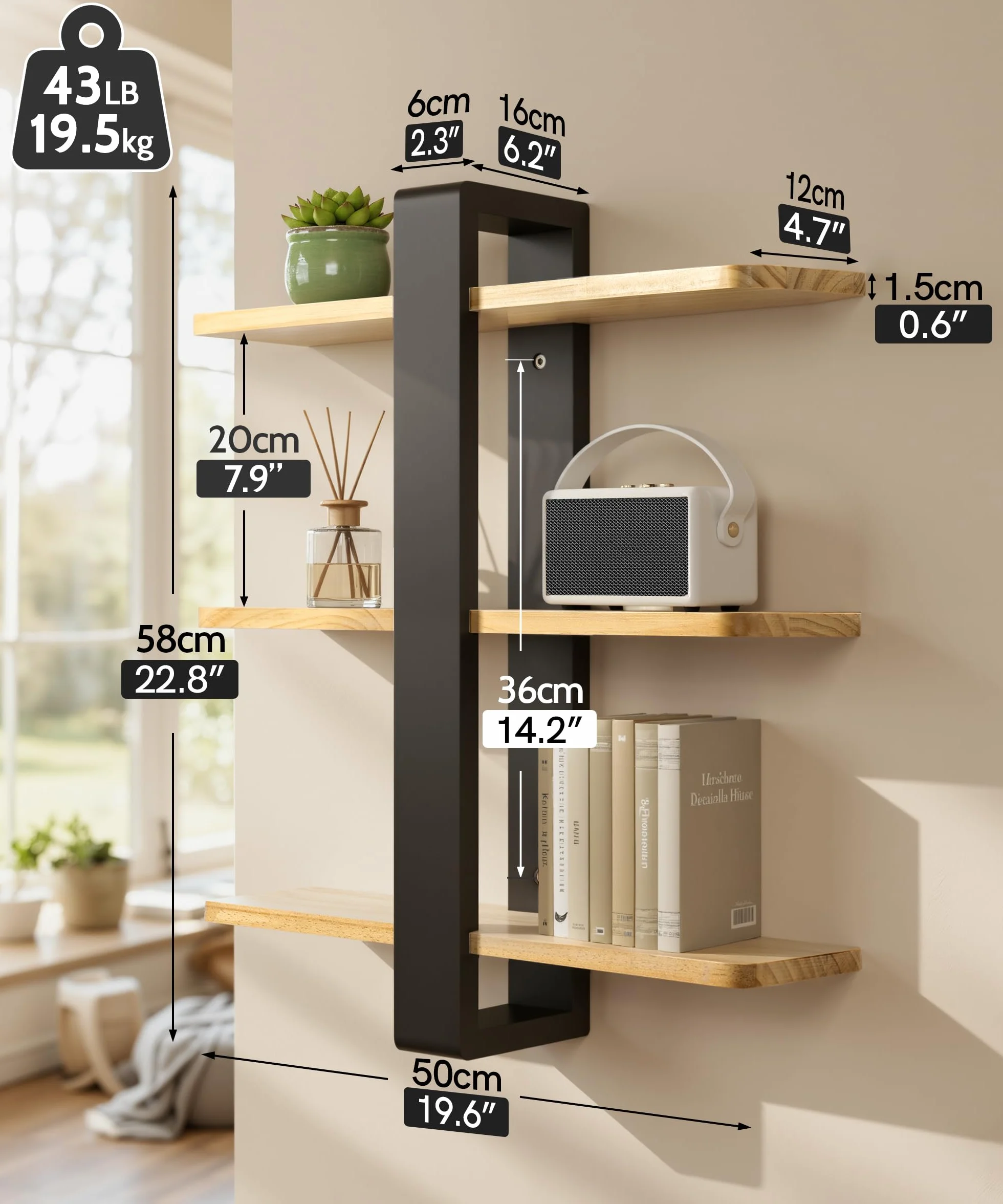SUMGAR Mensole Sospese in Legno, Mensole Galleggianti, Mensole a Parete più Grandi, Pratici Scaffali Decorativi in Legno Massiccio per Soggiorno Camera da Letto, Ripiani Rimovibili, 50x58cm