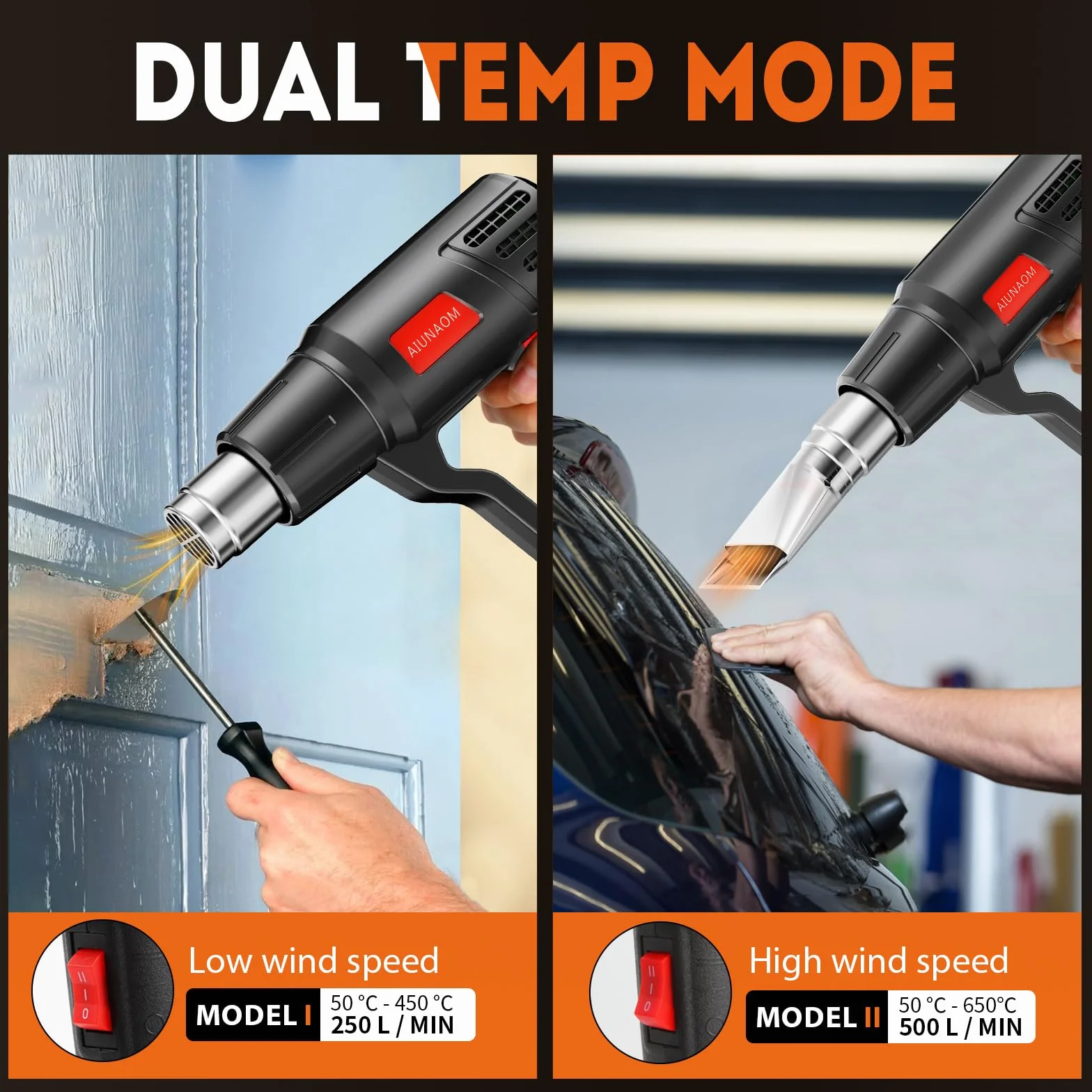 AIUNAOM Pistola ad Aria Calda 2000W Pistola Termica 50℃~650℃ Controllo di Temperatura Senza Livelli + 2 Velocità dell'aria Protezione da Sovraccarico Per Riscaldamento Saldatura e Sbrinamento