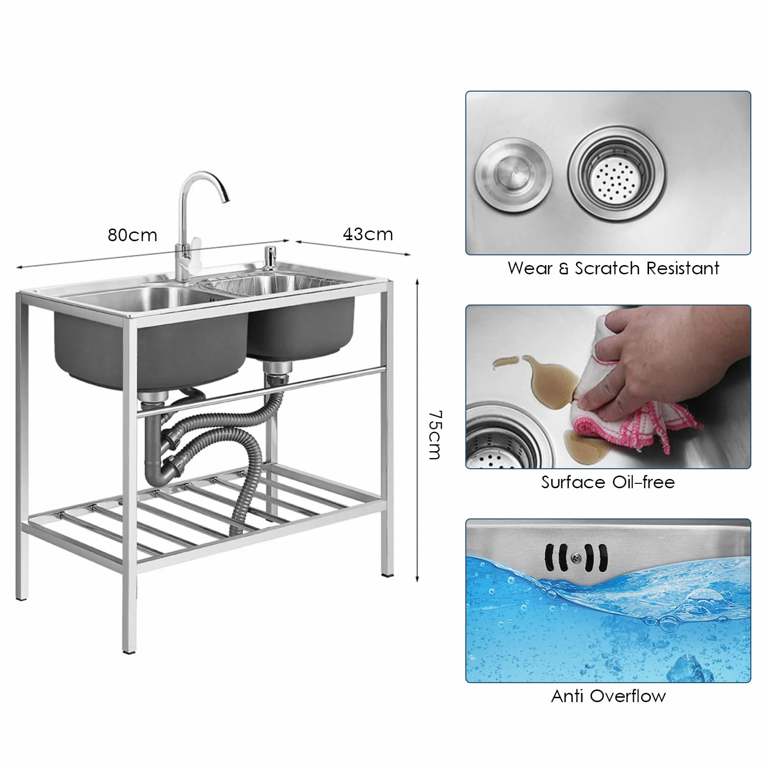 Lavello autoportante in Acciaio Inox, Grande lavello Industriale a 2 vasche per Esterni con rubinetti per Acqua Calda e Fredda, Ideale per ristoranti, Bar, Hotel, Garage e Lavander