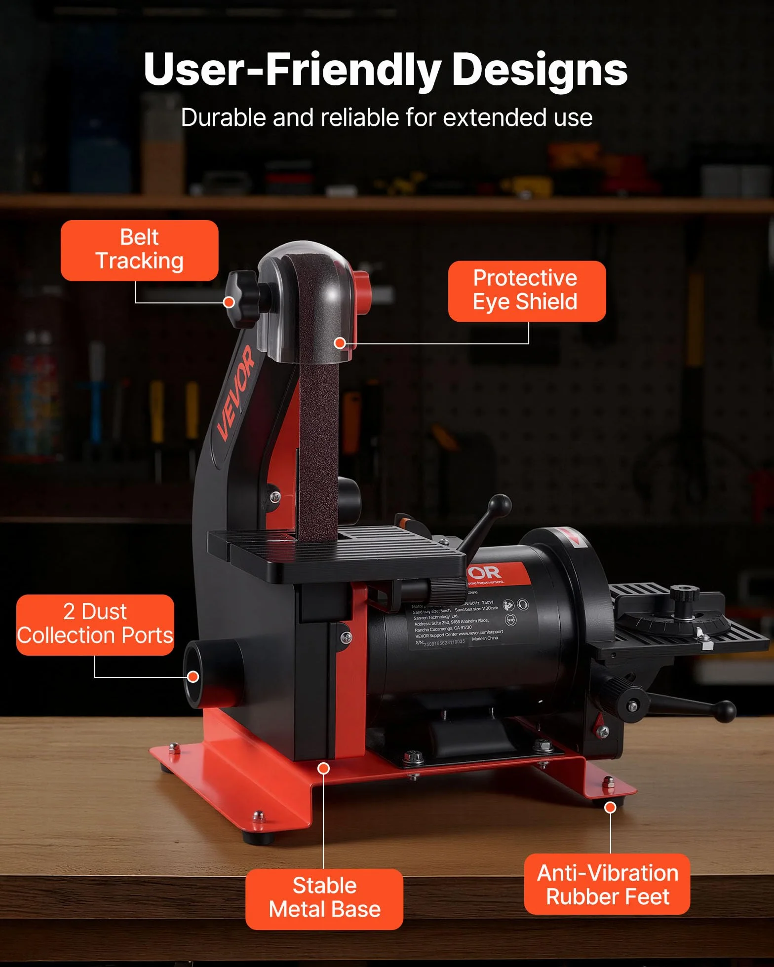 VEVOR Levigatrice a Disco Levigatrice a Nastro 25,4 x 762 mm da 250 W Velocità Singola con Piano di Lavoro Regolabile 0 a 45° Porta di Raccolta Polvere per Lavorazione del Legno, Fai da te
