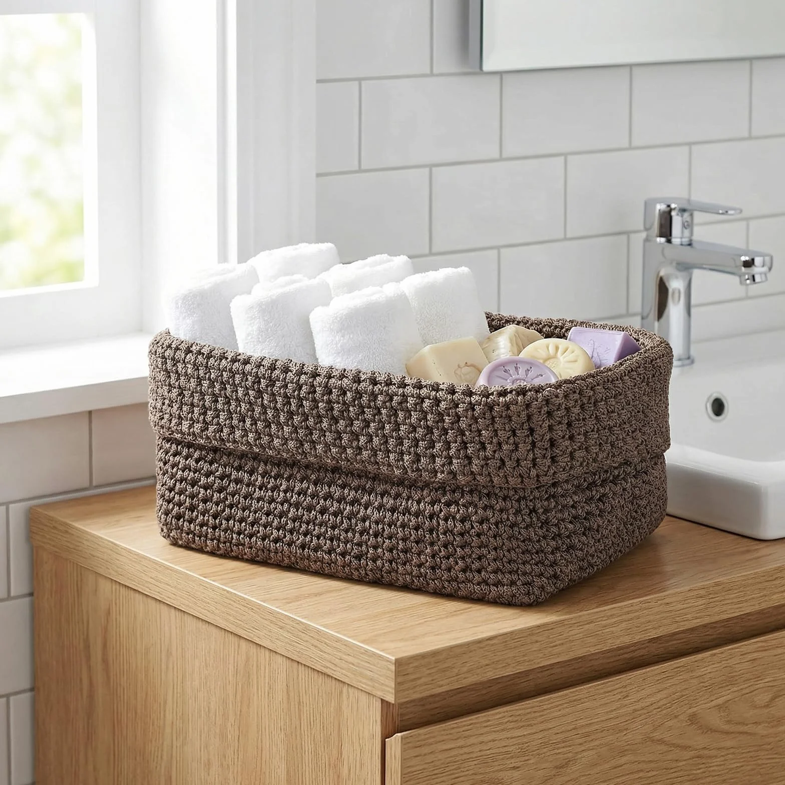Set di 2 Cestini Intrecciati per Organizzare, Cesto in Corda di Cotone, Impilabile Organizer, Ceste Portaoggetti per Bagno,Cestino Decorativo per Soggiorno,per Cucina, Bagno, Camera da Letto (Marrone)