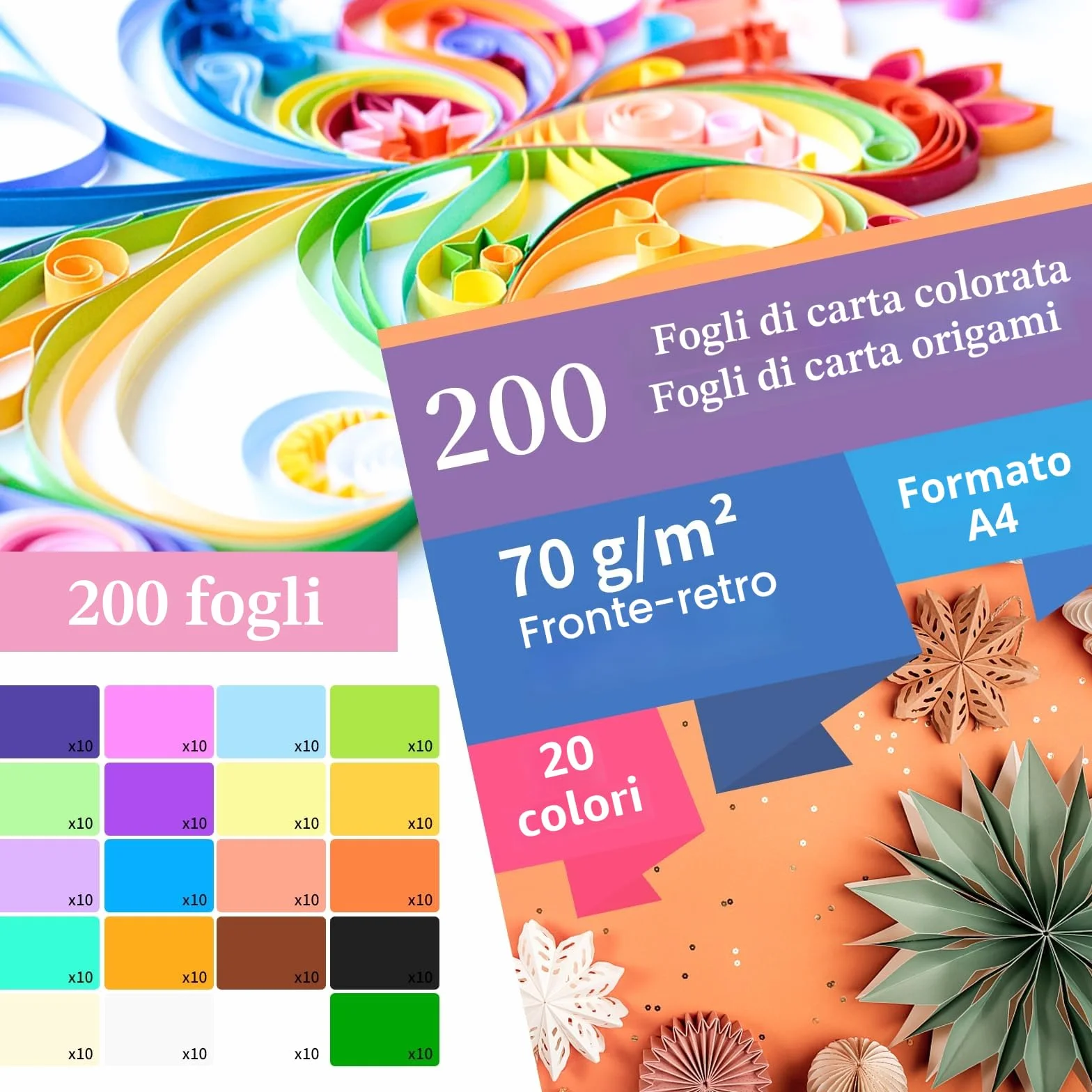 CRESZZLE 200 Fogli Cartoncini Colorati A4 70g, 20 Colori Carta per Origami 297x210mm