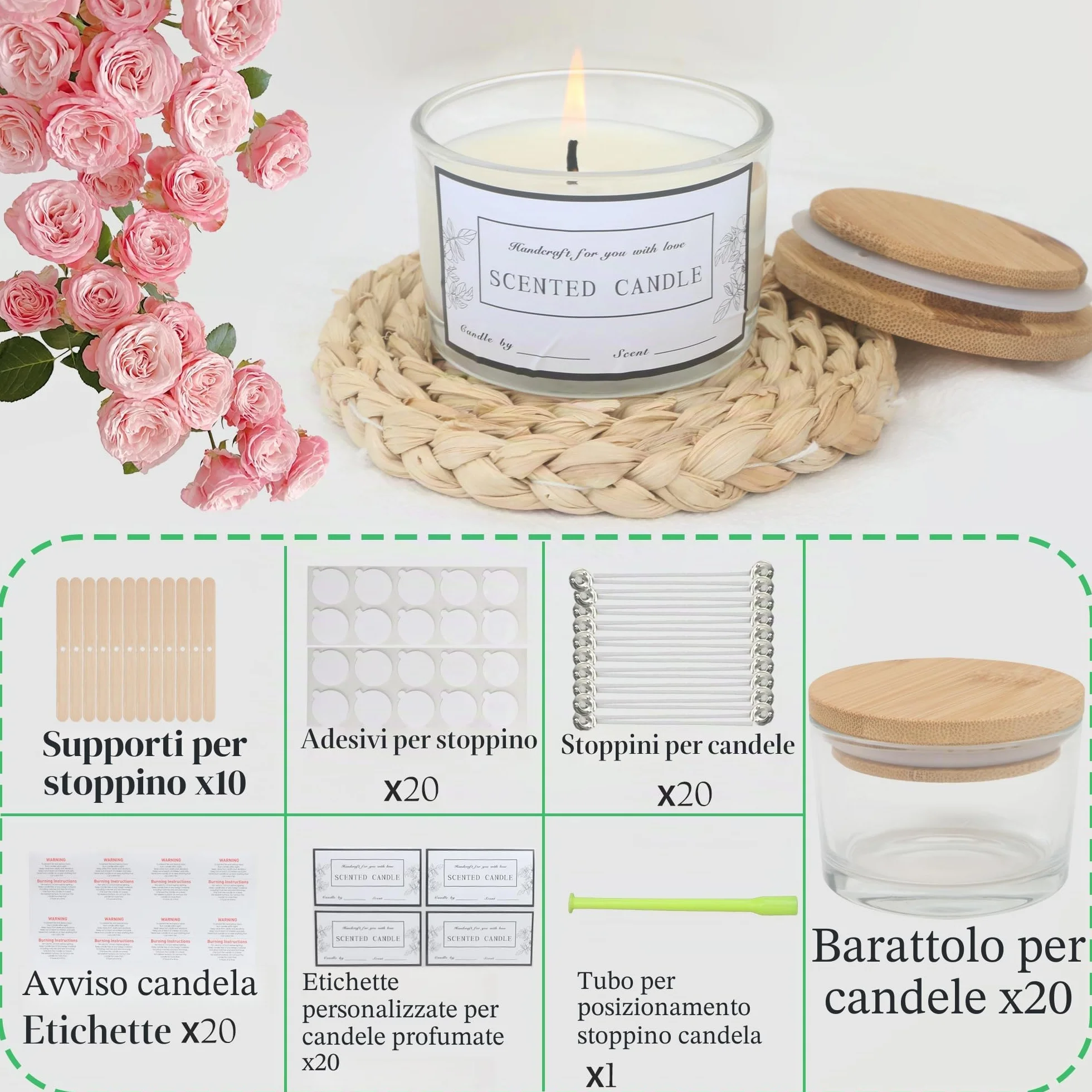 MILIVIXAY - 20 Confezioni di Barattoli di Candela in Vetro Trasparente da 4 OZ con Coperchi e Kit per la Fabbricazione di Candele - Barattoli di Candela Grandi a Bocca Larga per la Fabbricazione di