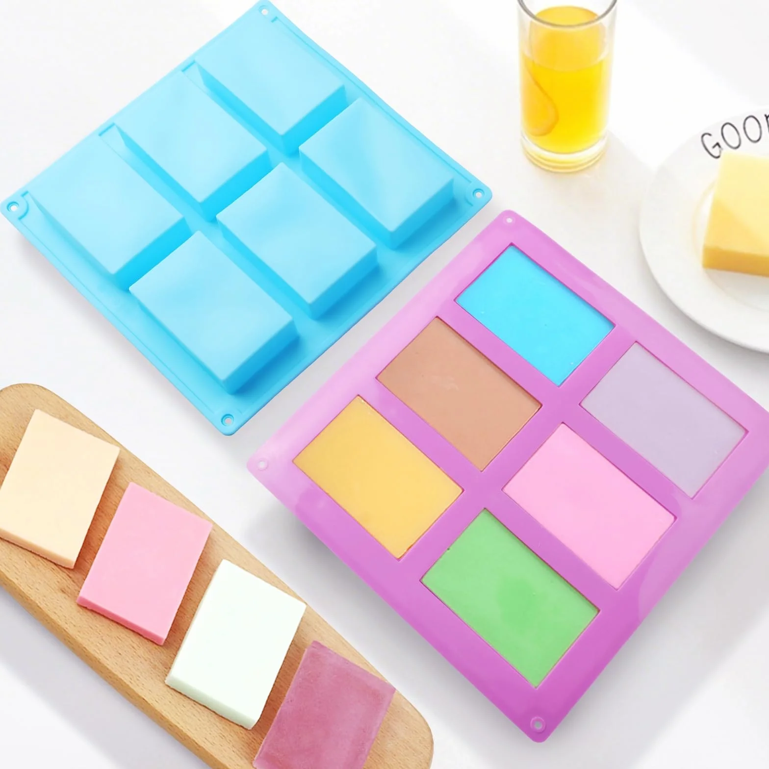 3 Pezzi Stampo per Sapone in Silicone, 6 Cavità Stampi per Saponette Fai Da Te, Stampo in Silicone Fai Da Te per Biscotti, Cioccolato, Contiene 50 Sacchetti di Imballaggio