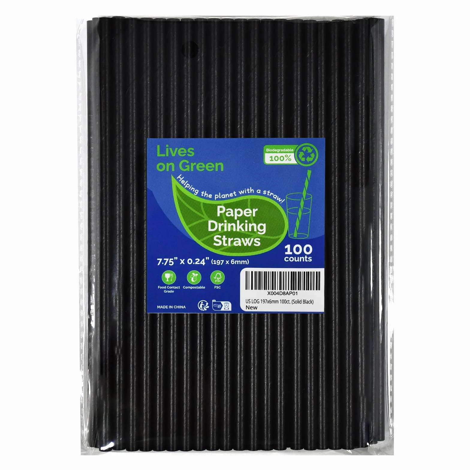 Cannucce di carta nere usa e getta 100 pezzi 19,7 x 0,6 cm per cocktail caffè bevande