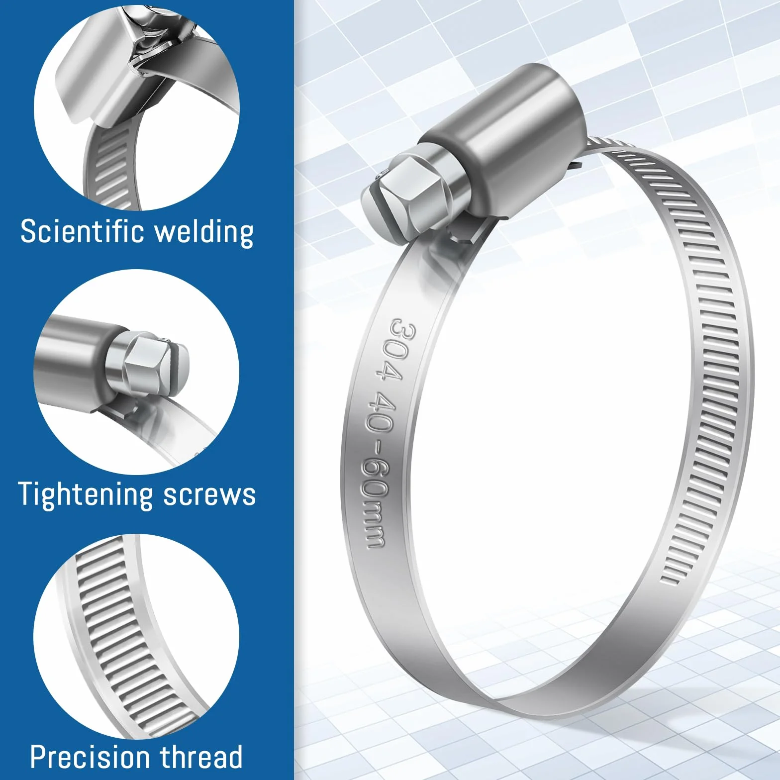 Bolatus Morsetti per tubi a vite senza fine, acciaio inox 304, regolabili, 50-70 mm, 4 pezzi, argento