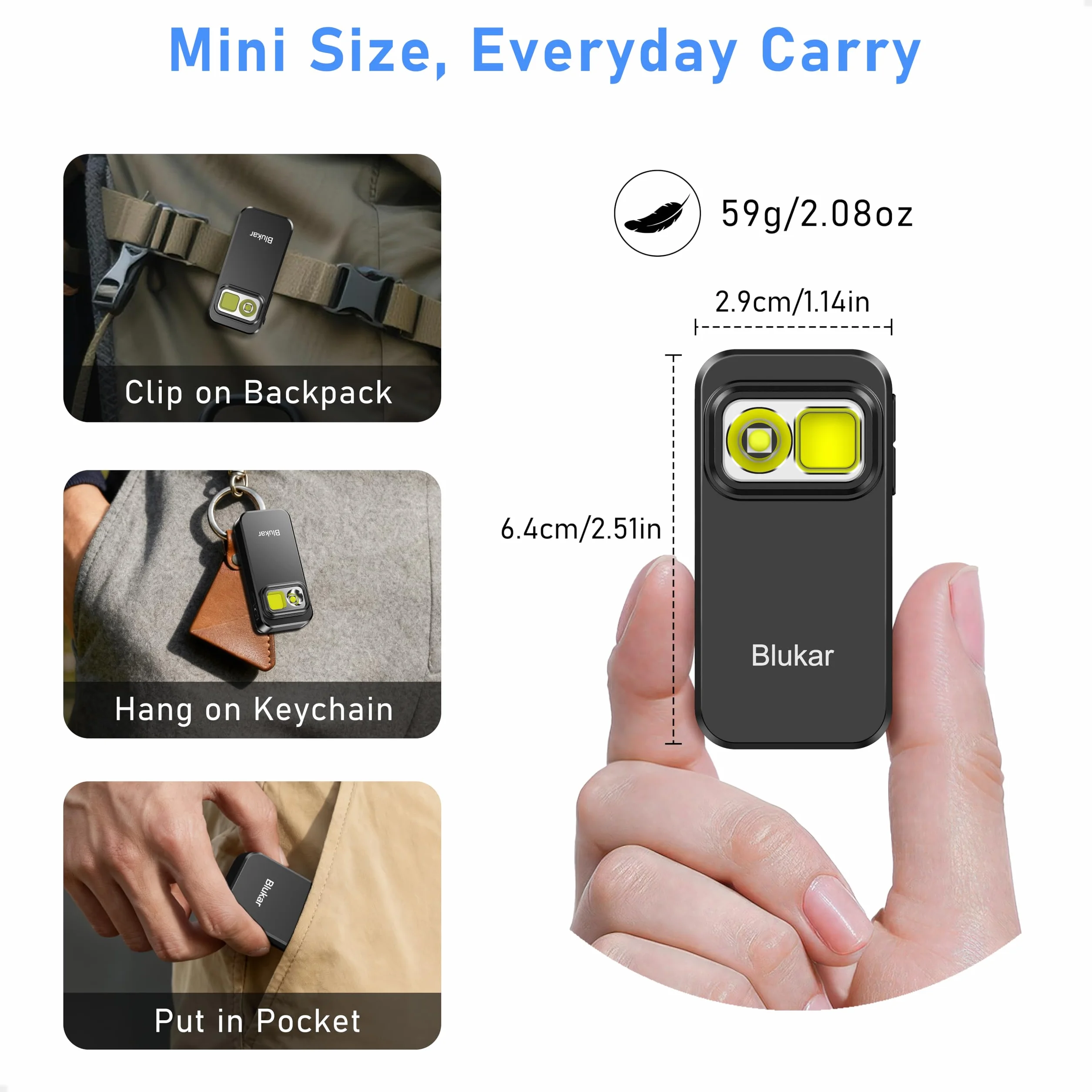 Blukar Torcia EDC con Clip, Super Luminoso Mini Torcia LED Ricaricabile Potente, 3 Fonti di Luce & 5 Modalità, Funzione di Memoria, Portatile Tascabile Flashlight per Campeggio/Emergenza/Trekking