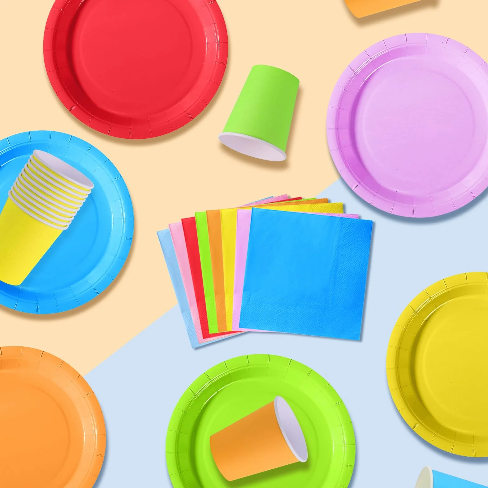 Set Stoviglie per Feste Multicolore 40 Ospiti Piatti Carta 18cm Bicchieri Tovaglioli Compleanni Bambini