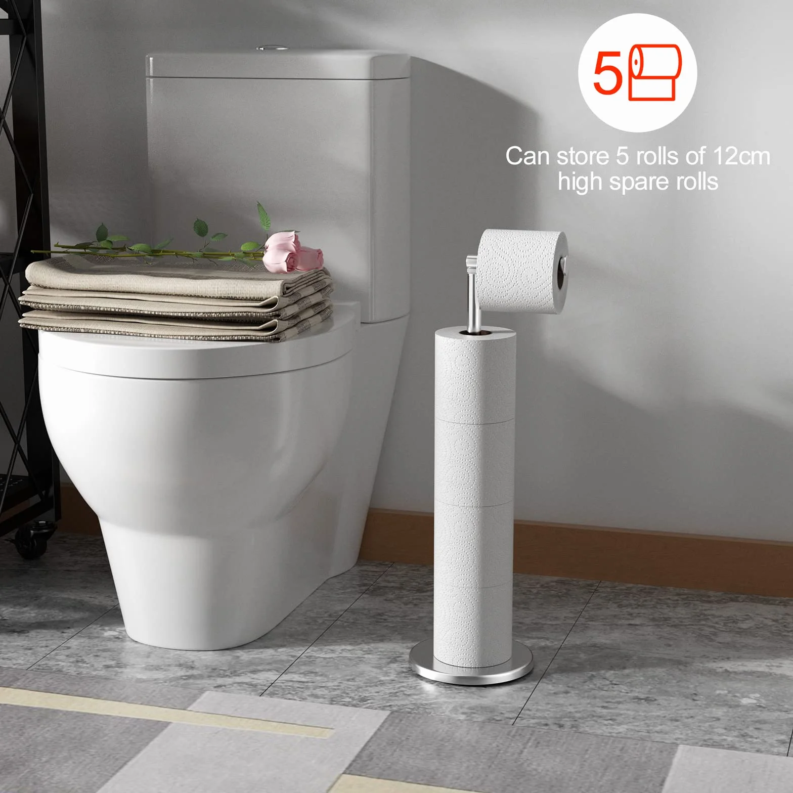 Newpop Porta Carta Igienica da Terra, Portarotolo da Terra in Acciaio Inossidabile con Base Appesantita, Antiruggine Porta Rotolo Bagno Senza Trapano, Dispenser Carta Igienica Antiscivolo (Argento)