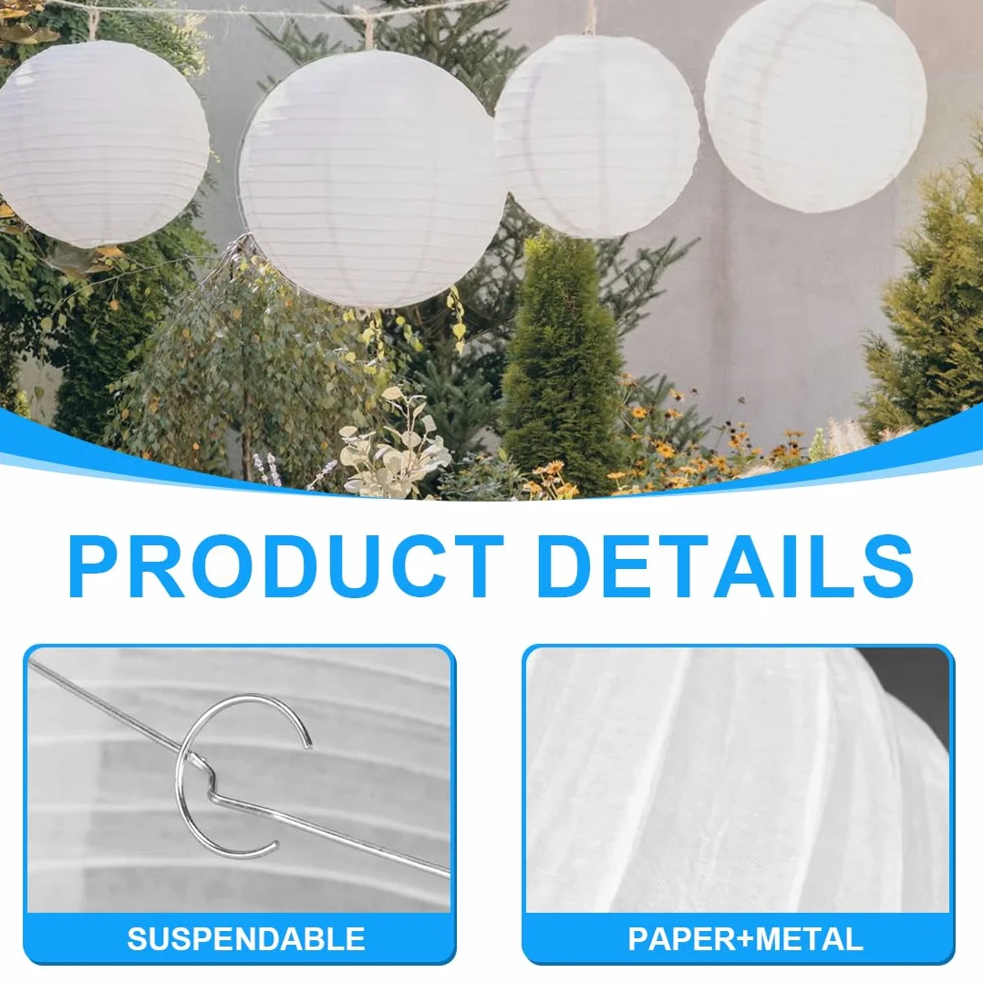 4 pezzi Lanterne Cinesi, 20cm Lanterna di carta Rotonde, White Lanterne di carta da Appendere Decorazione per Decorazioni Domestiche, Feste e Matrimoni, Con cavo decorativo di 60 m