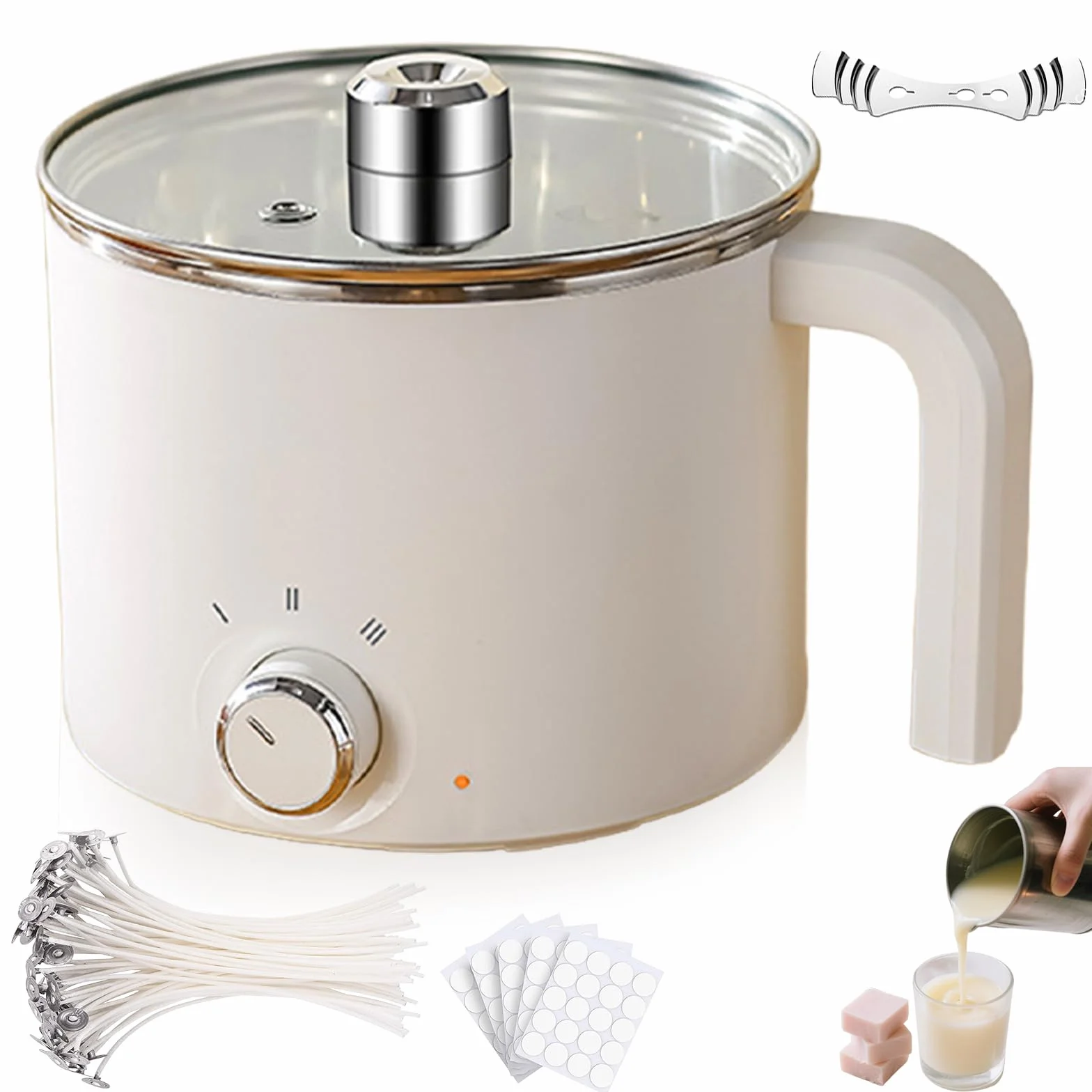 Cera di fusione elettrica da 1,8 l, per la produzione di candele, accessori inclusi stoppini, adesivi per stoppini, dispositivo di centraggio, cucchiaio, pentola per fusione candela fai da te, bianco