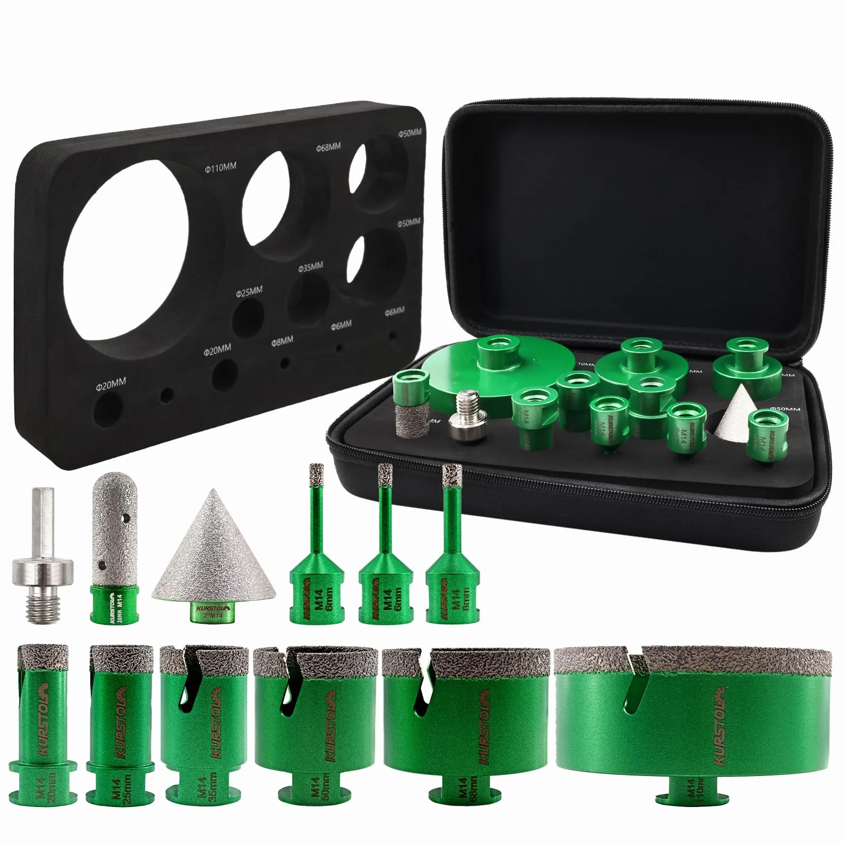 Punta per Trapano Diamantata Set - 6/6/8/20/25/35/50/68/110MM+50MM Fresa Diamantata+20MM Frese per Piastrelle+Adattatore a codolo esagonale per gres porcellanato granito piastrelle marmo