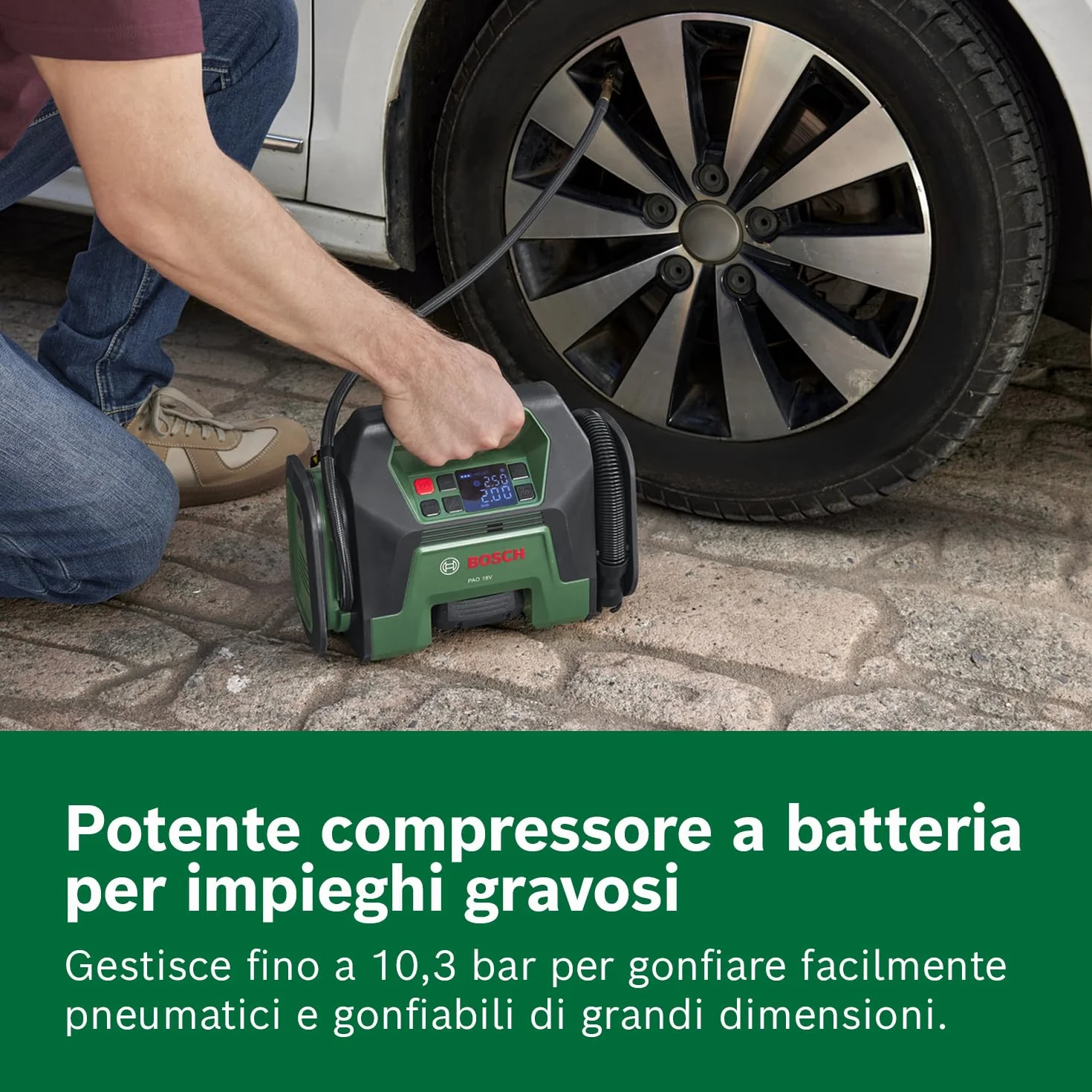 Bosch Compressore d'aria a batteria PAO 18V (dagli pneumatici ai grandi gonfiabili; incl. clip della pompa dell'aria per valvola degli pneumatici, valvola Presta, ago per palloni, adattatore volume)