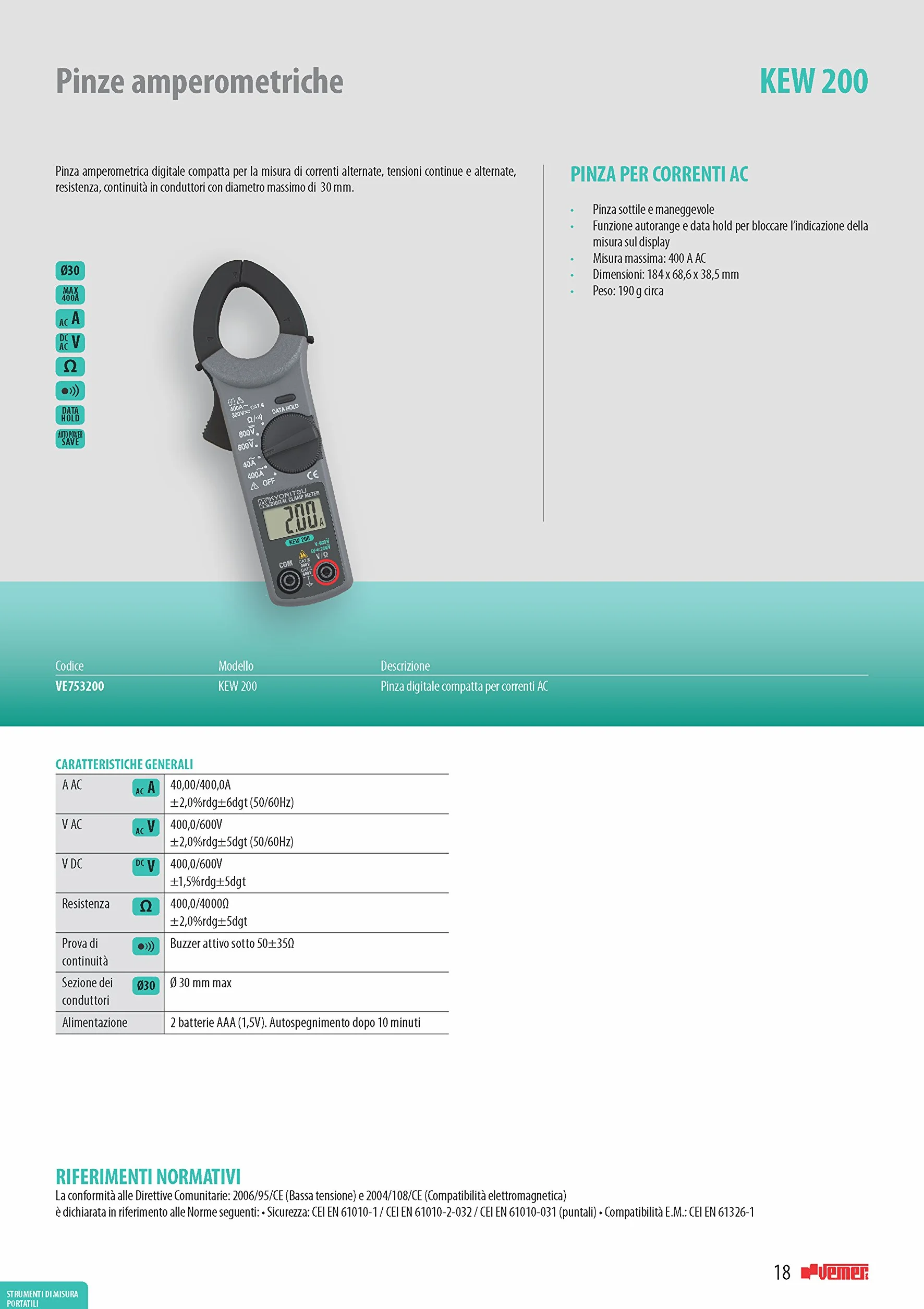 KYORITSU KEW 200 - Pinza Amperometrica Digitale per Misurazione Correnti Alternate , Tensioni Continue e Alternate e Resistenza, Grigio Scuro