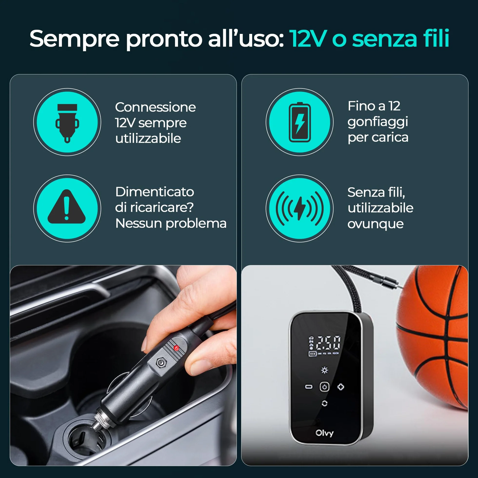 Olvy Compressore d'aria portatile senza fili 12V 6000 mAh Display digitale Luce LED