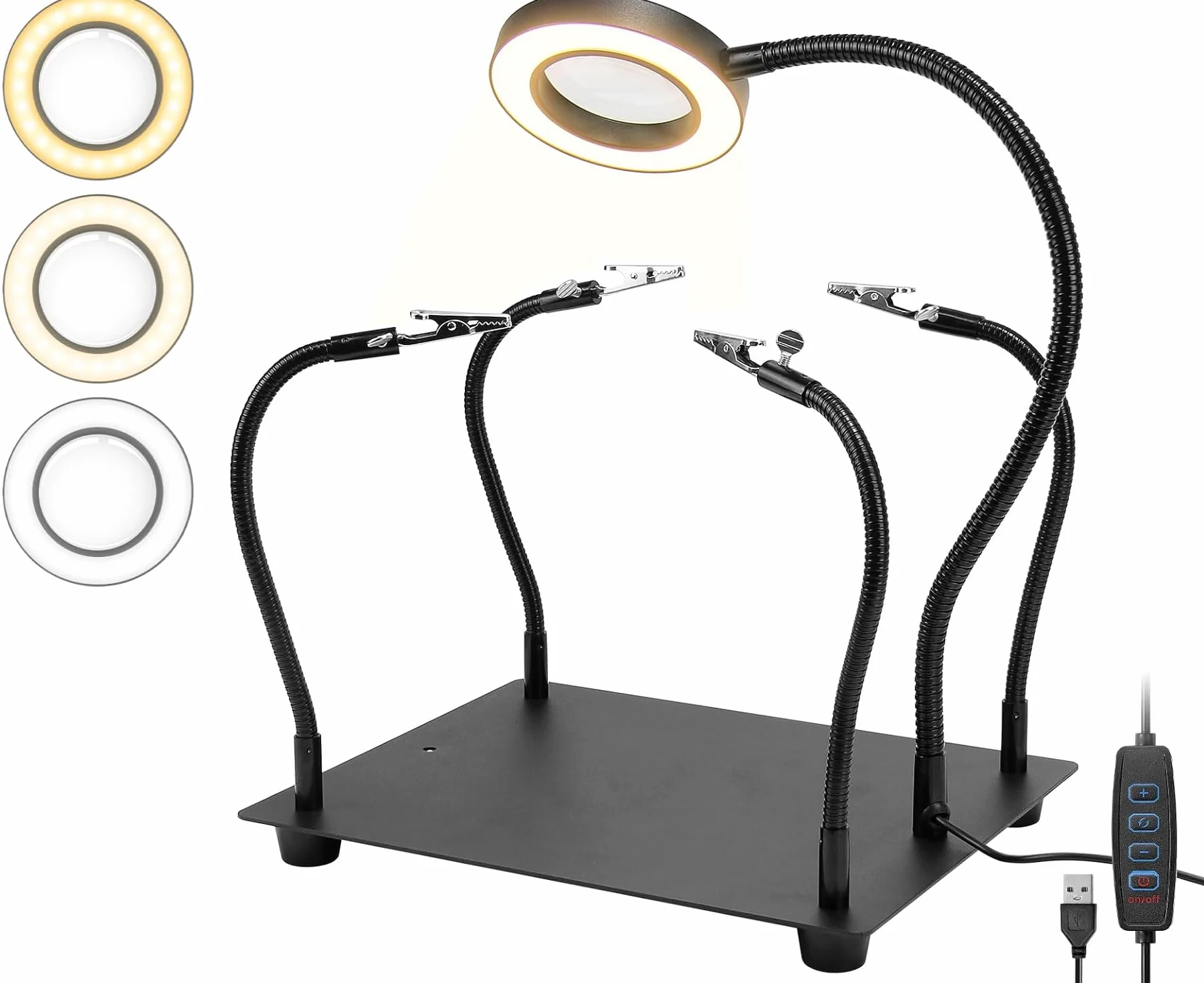 Terza mano per saldatura, supporto per saldatura con lente di ingrandimento 6x e luce, stazione di saldatura con 4 bracci flessibili e lampada LED con lente d'ingrandimento, supporto per saldatura per