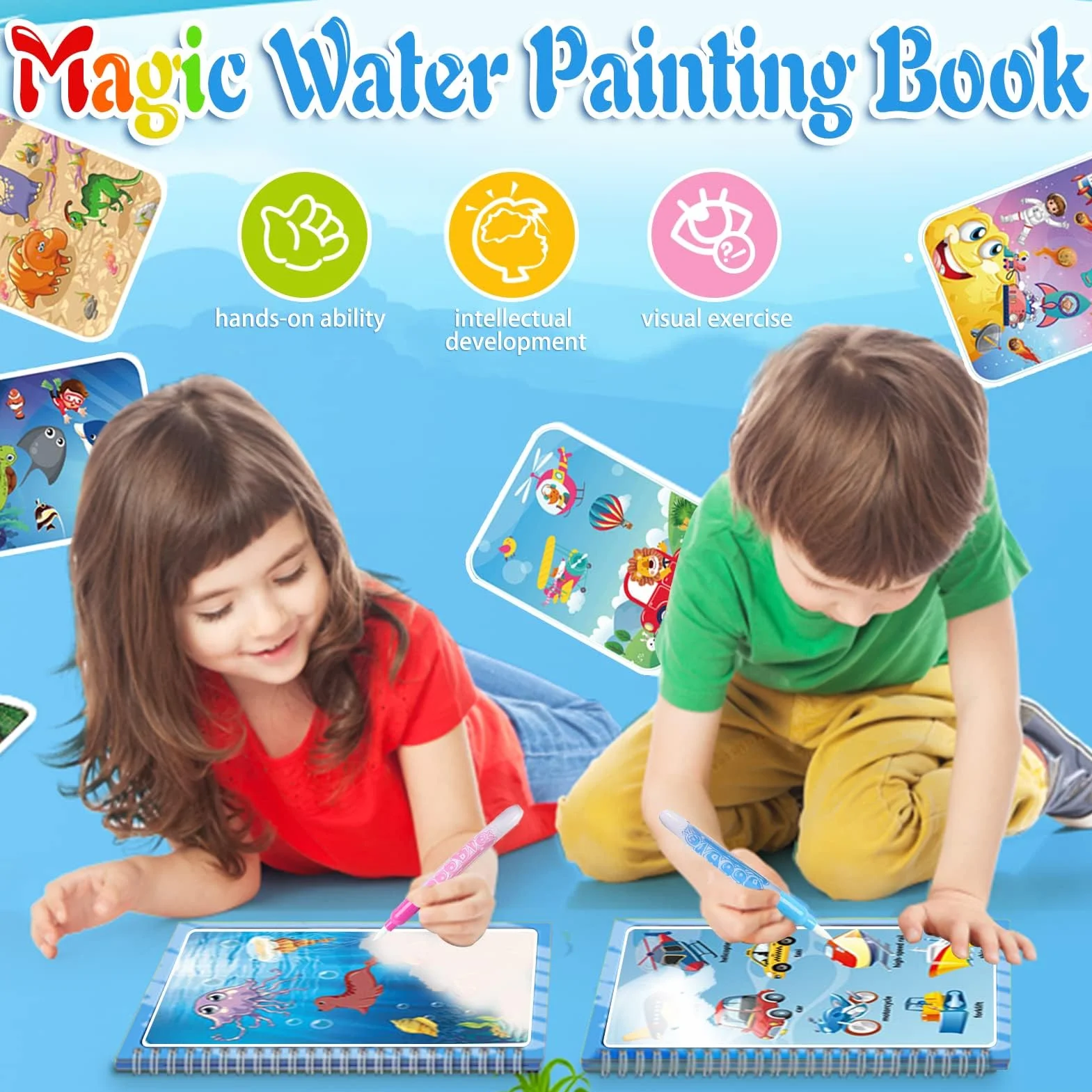 Magic Water Coloring Book 8 Pezzi Libri ad Acqua Bambini Drawing Libro da Colorare Doodle con Penna Magica Riutilizzabile Educativo