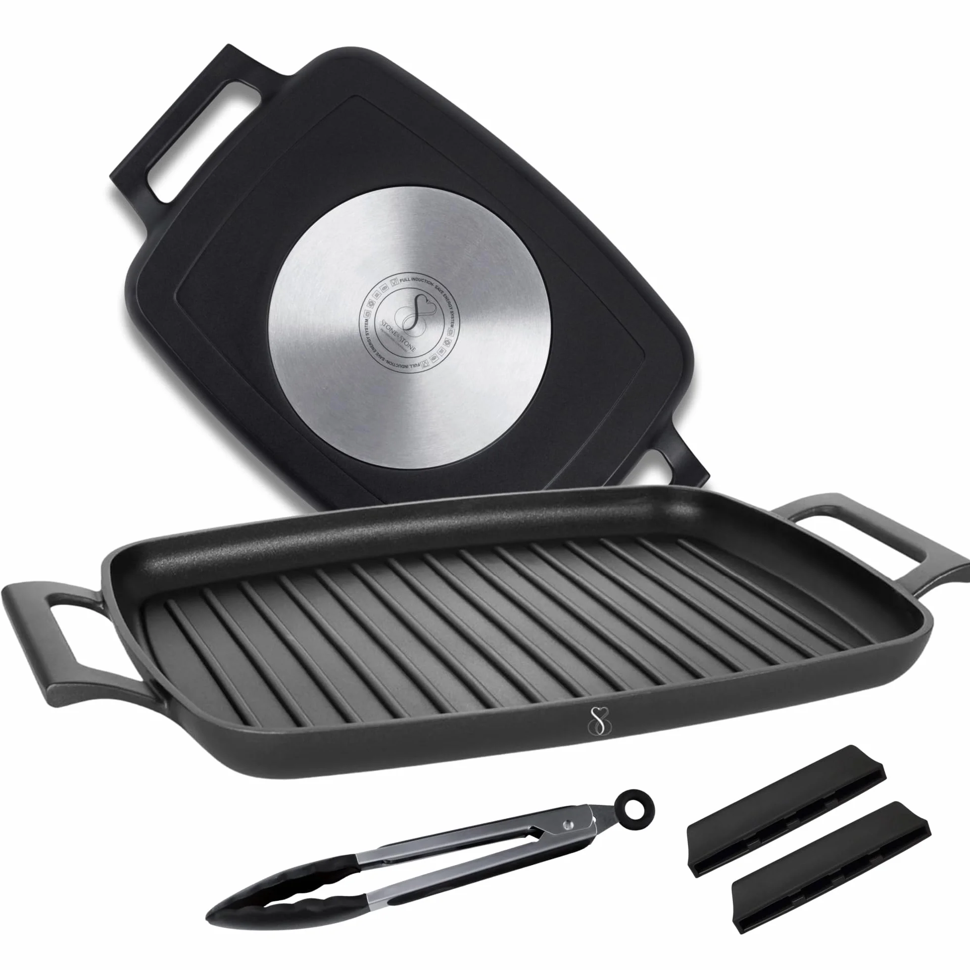 Stone&Stone Bistecchiera Induzione 47 cm Rettangolare, Piastra Grill Induzione BBQ Antiaderente con Rivestimento Ceramico Tedesco, Fondo Acciaio Pieno, con Pinza, Gas e Forno, Senza PFAS PFOA PTFE