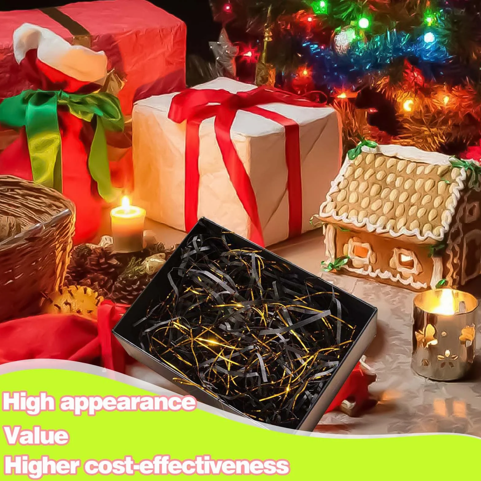 Carta Velina Tagliuzzata 200g Nero e Oro Set Confezioni Regalo
